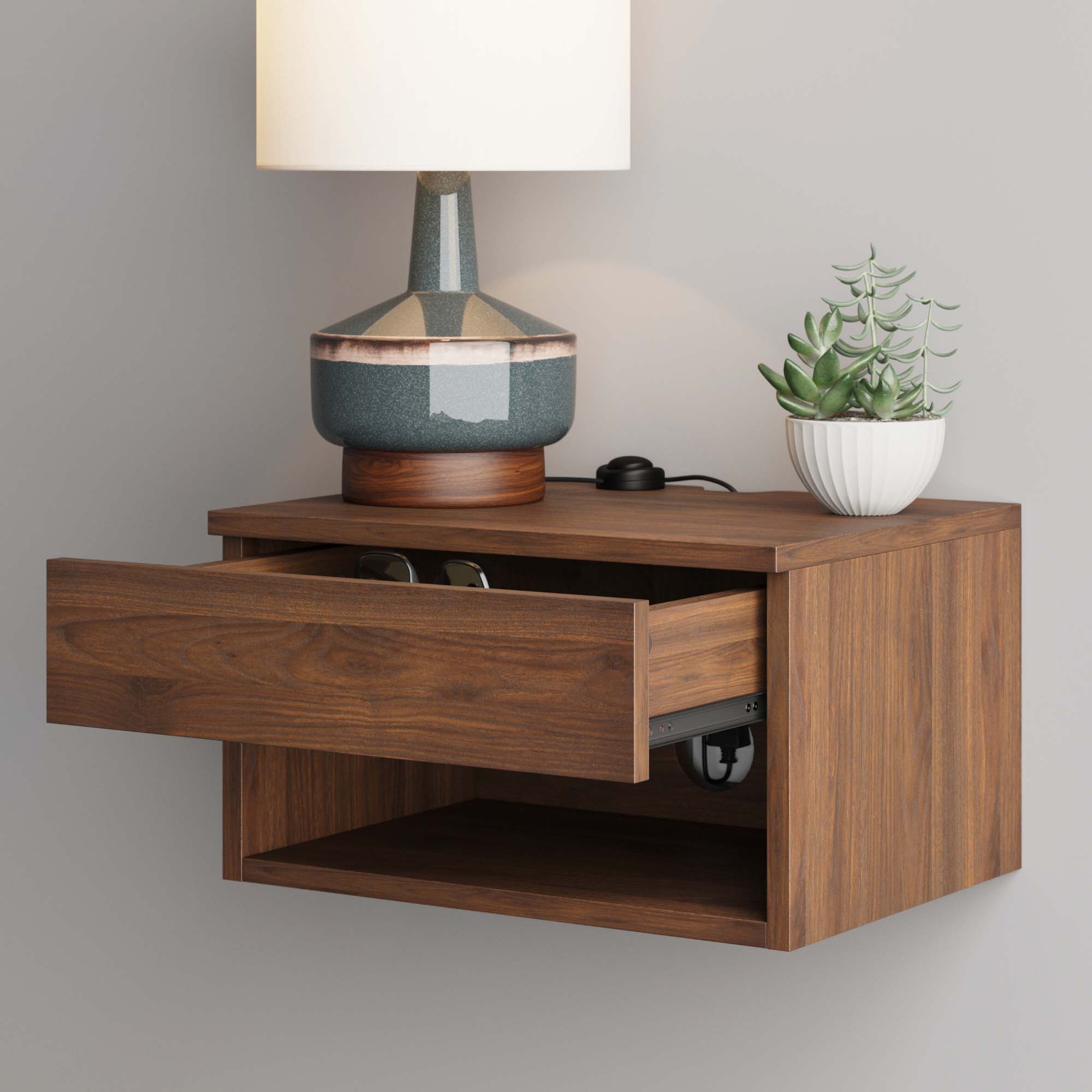 Mid-Century Floating Drawer Nightstand Walnut
