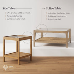 Glass Coffee Table & End Table Set with Rattan Shelf