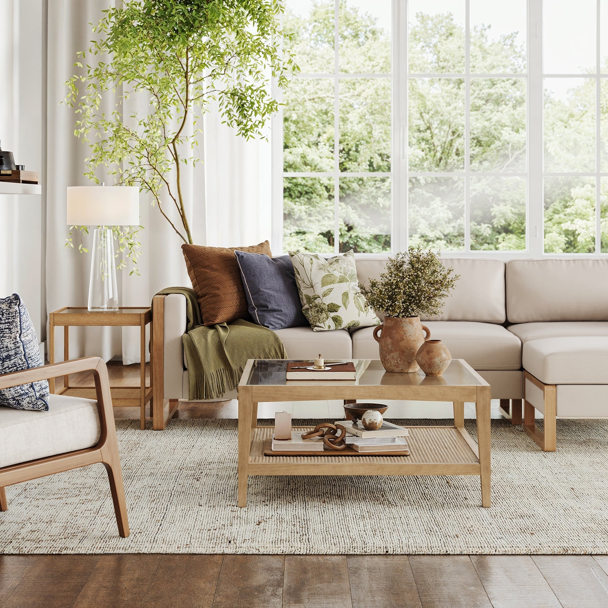 Glass Coffee Table & End Table Set with Rattan Shelf
