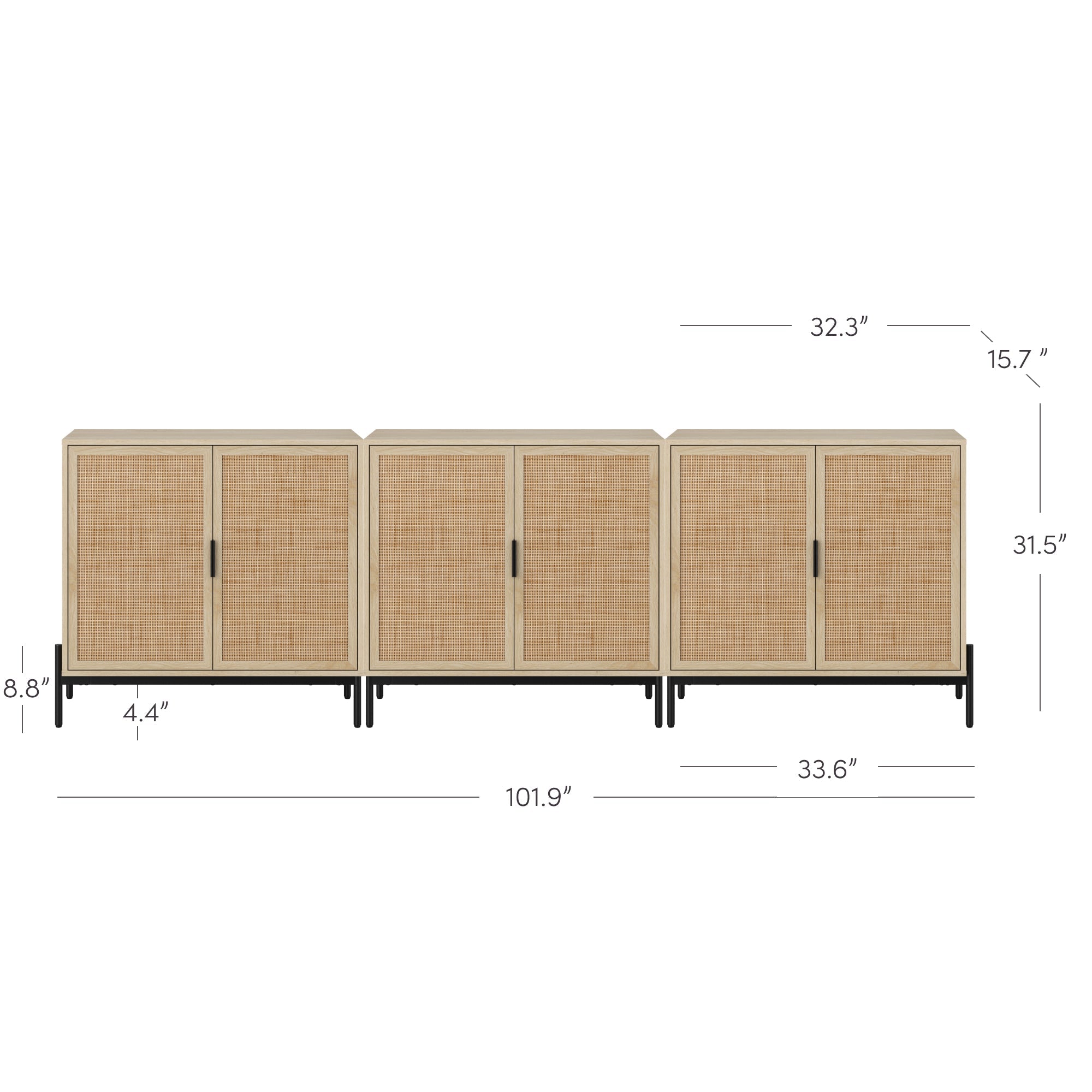Rattan Storage Cabinet Credenza Oak (Set of 3)