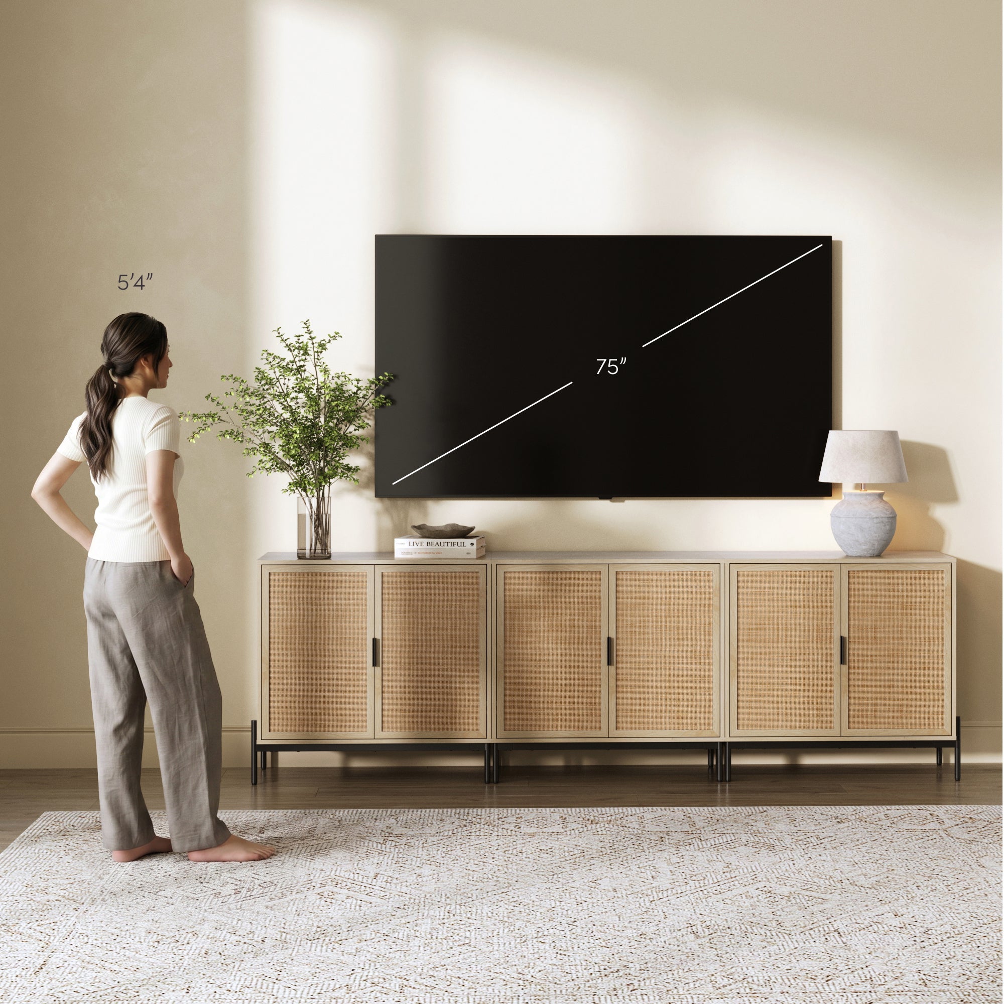 Rattan Storage Cabinet Credenza Oak (Set of 3)