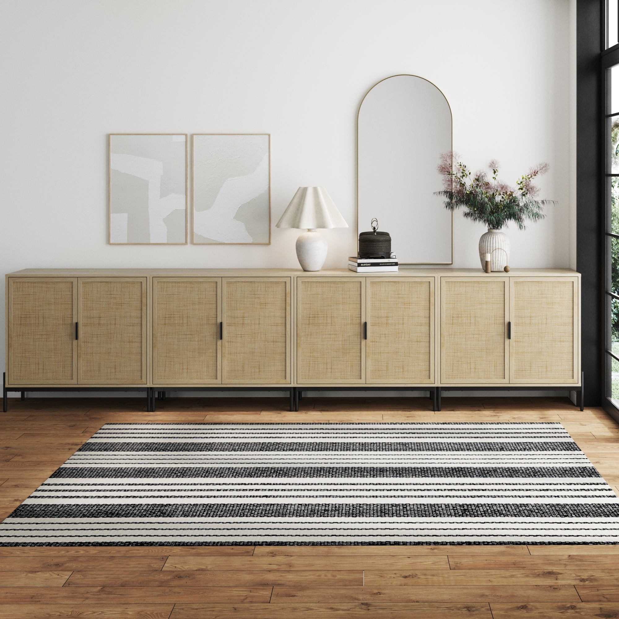 Boho Rattan TV Console for TVs up to 100" with Metal Legs Light Oak