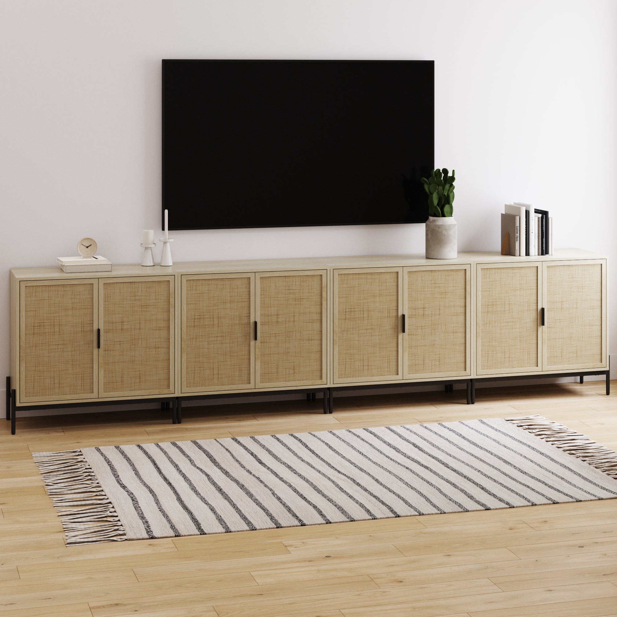 Boho Rattan TV Console for TVs up to 100" with Metal Legs Light Oak
