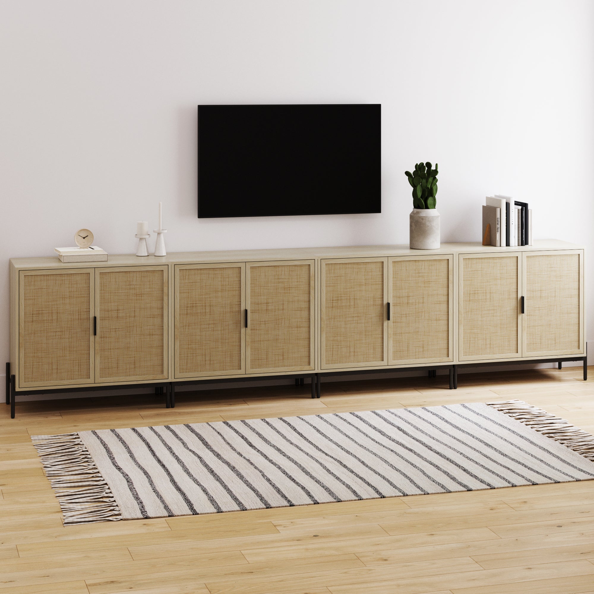 Boho Rattan TV Console for TVs up to 100" with Metal Legs Light Oak