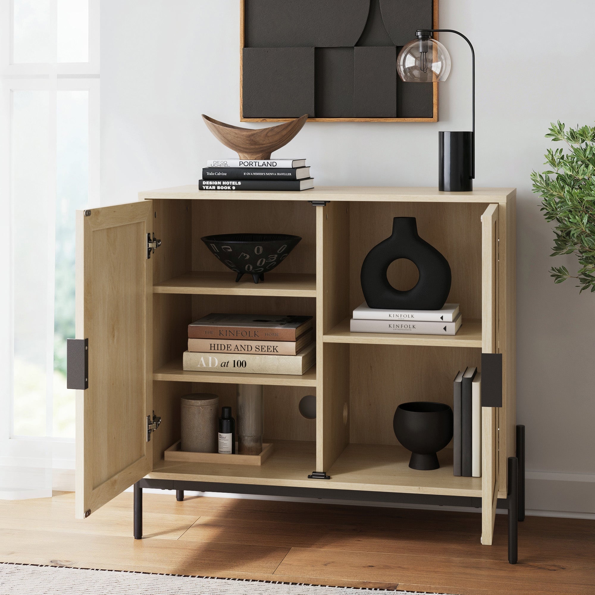 Rattan Storage Cabinet Credenza Oak (Set of 3)