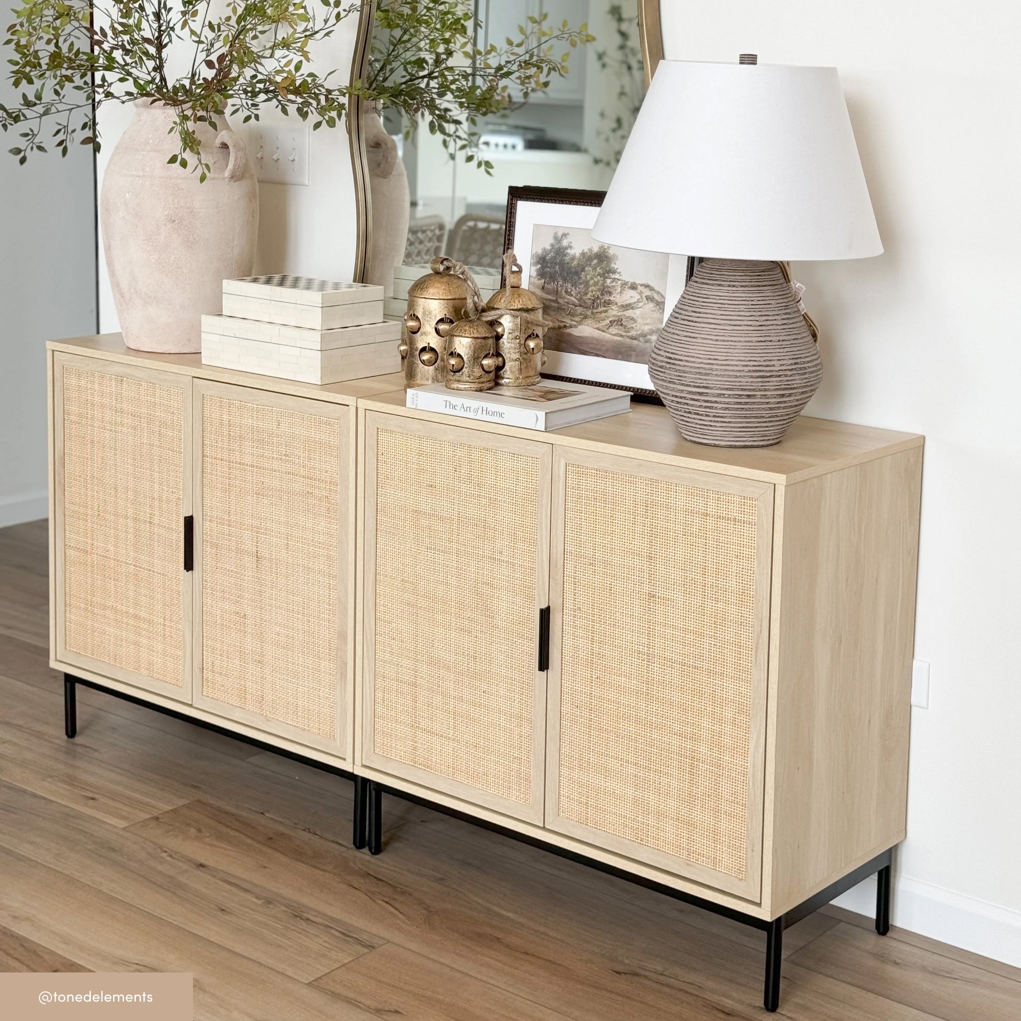Boho Rattan TV Console for TVs up to 100" with Metal Legs Light Oak