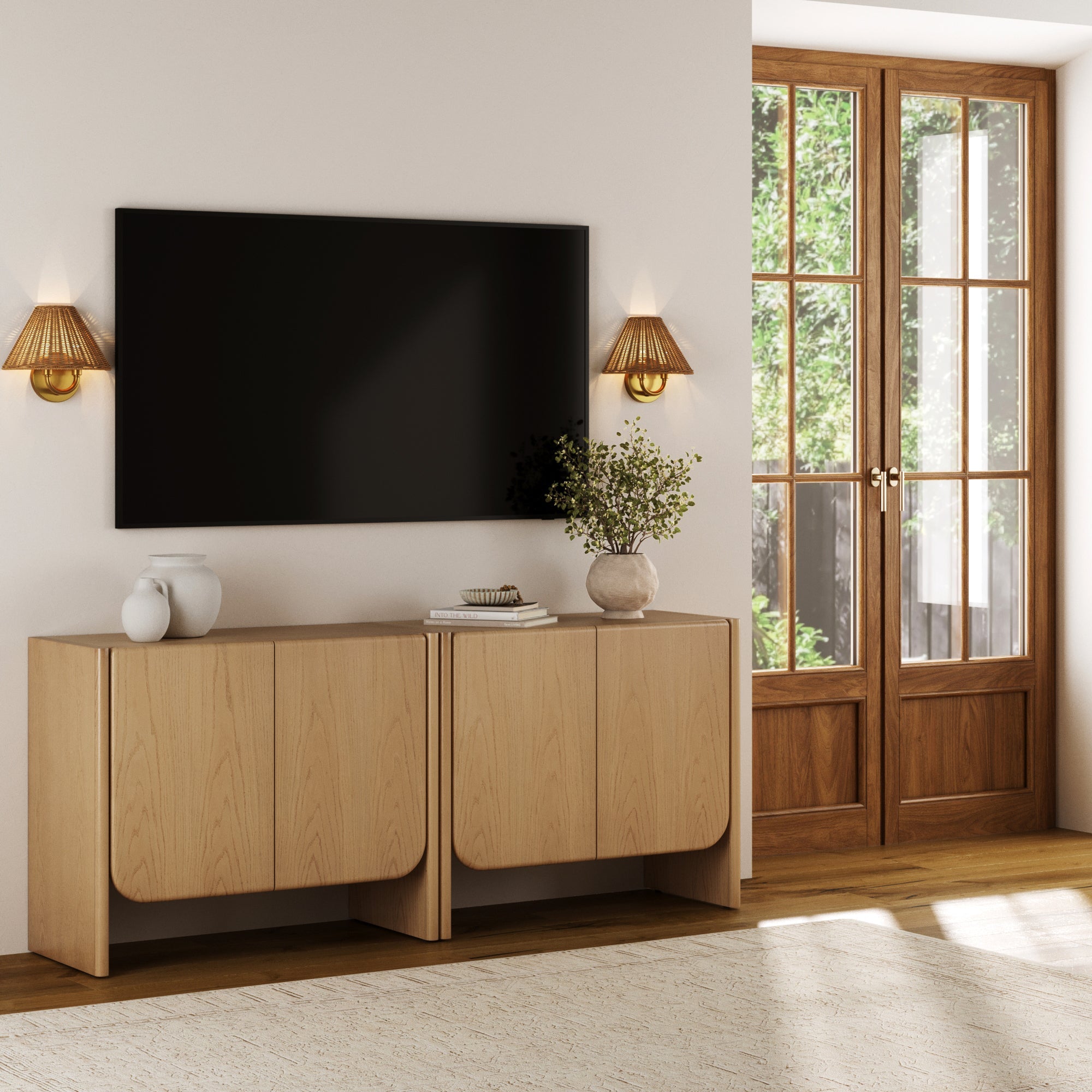 Rounded Wood Accent Cabinet or Kitchen Credenza Raw Oak (Set of 2)