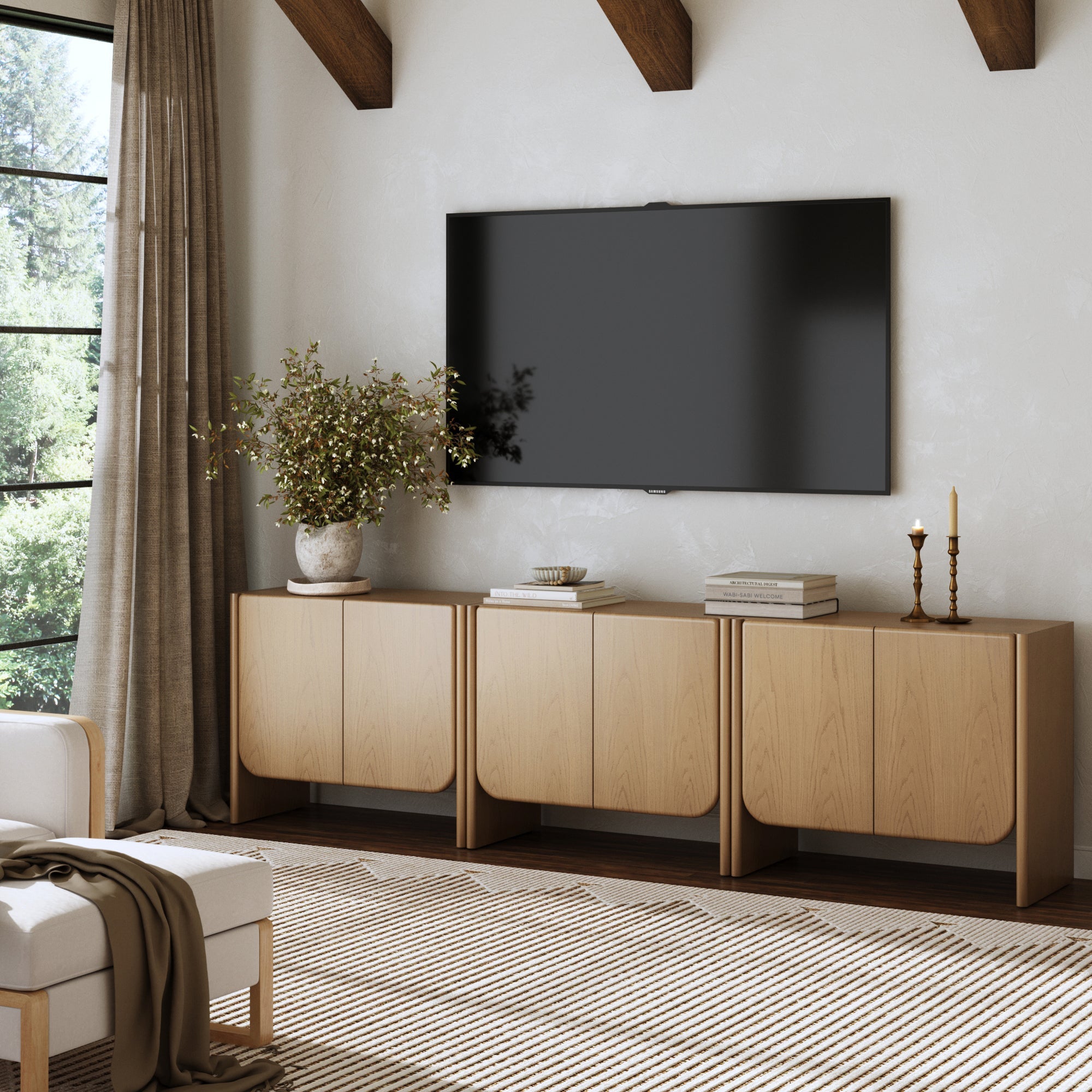 Rounded Wood Accent Cabinet or Kitchen Credenza Raw Oak (Set of 3)