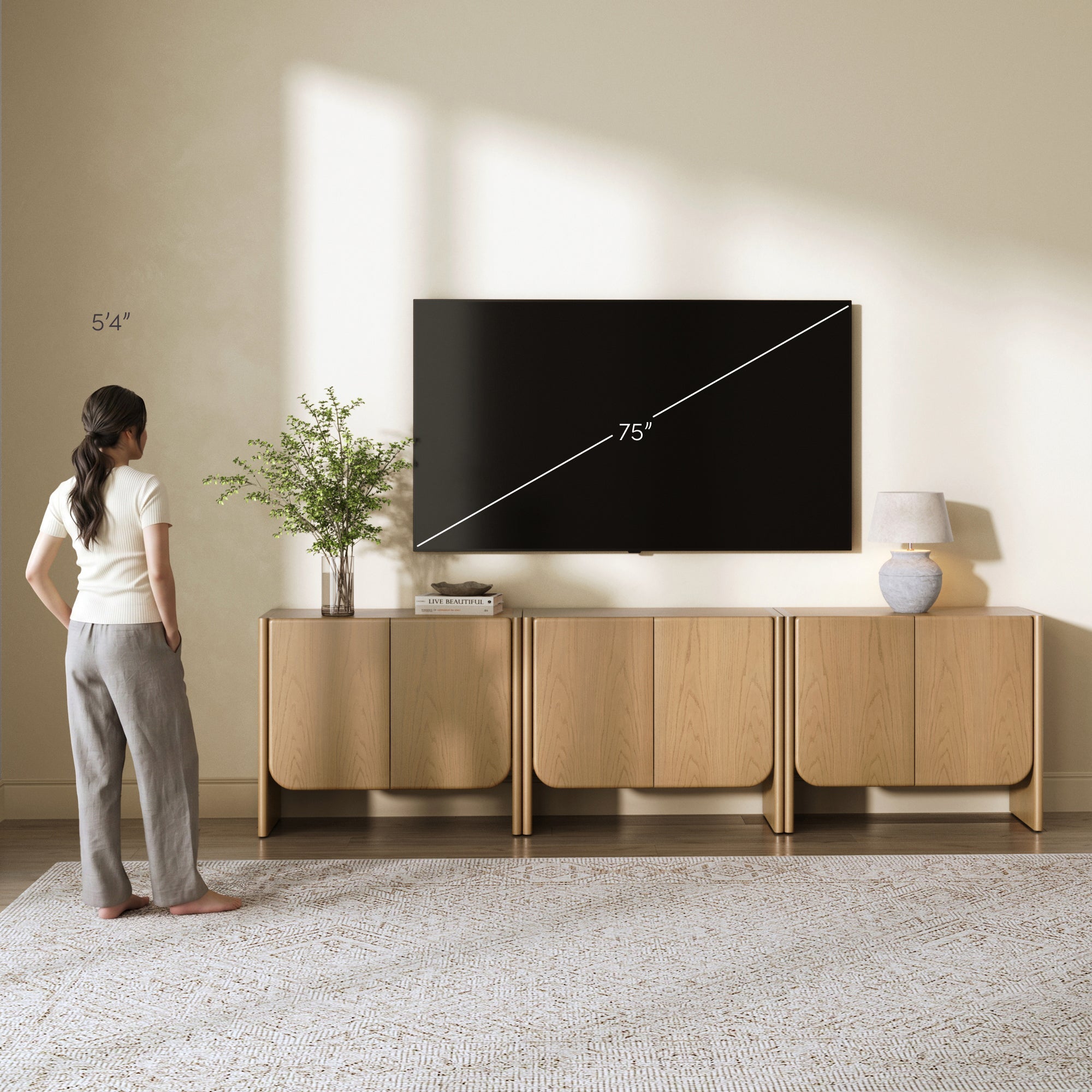 Rounded Wood Accent Cabinet or Kitchen Credenza Raw Oak (Set of 3)