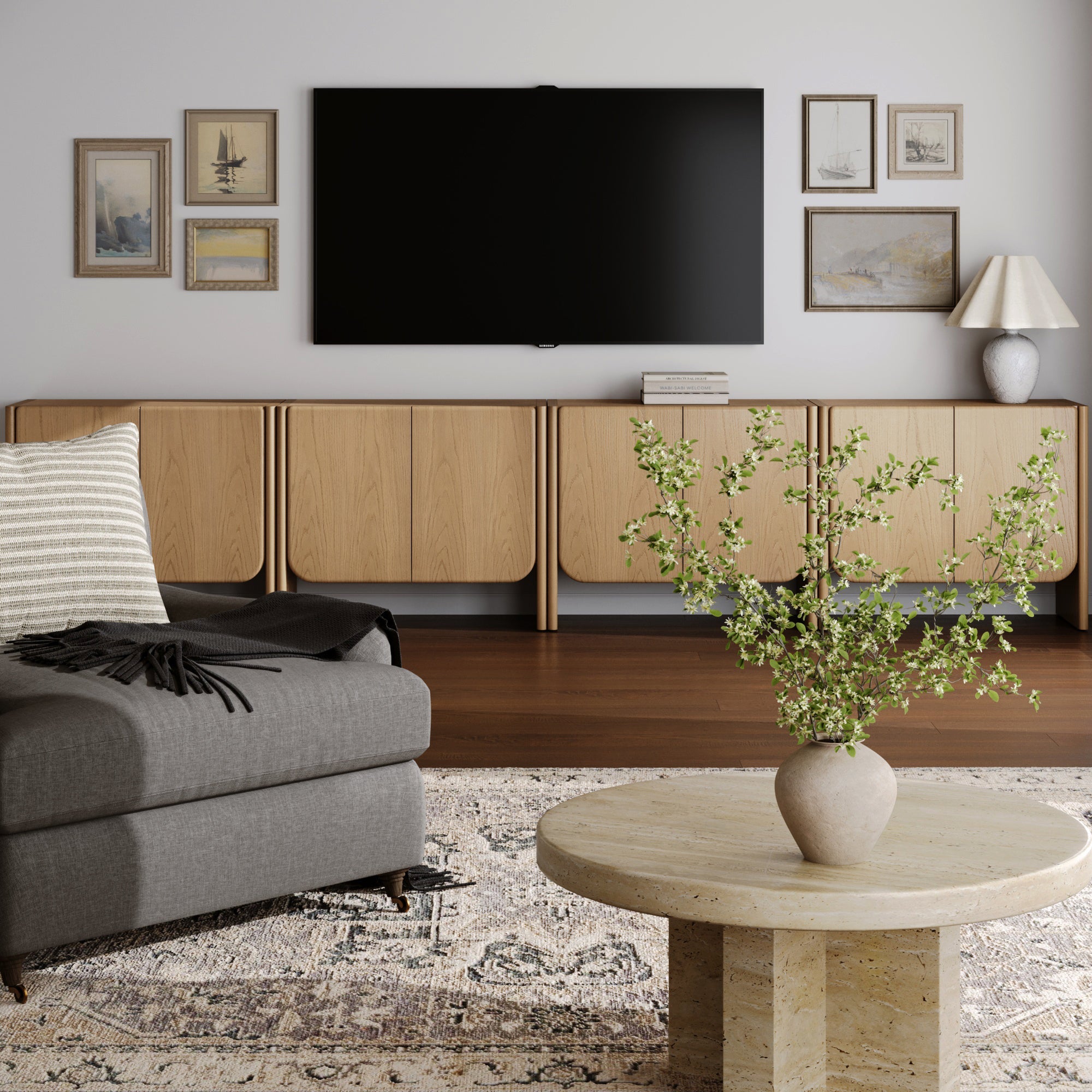 Rounded Wood Accent Cabinet or Large Credenza Raw Oak (Set of 4)