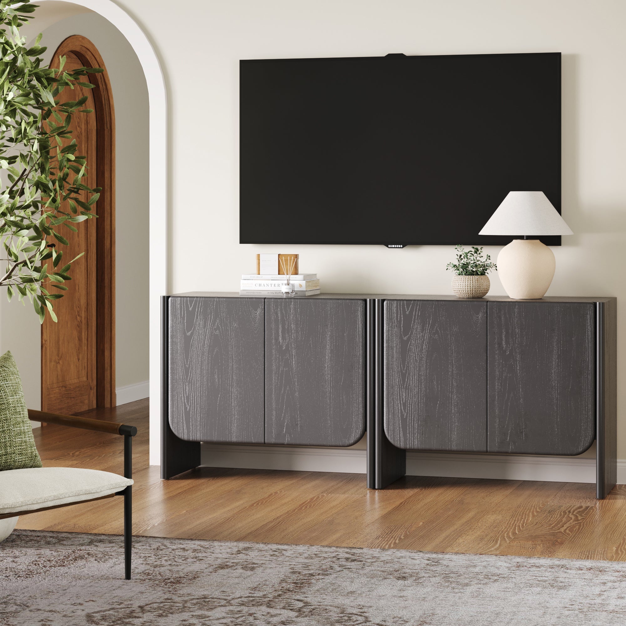 Rounded Wood Cabinet Credenza Black Oak (Set of 2)