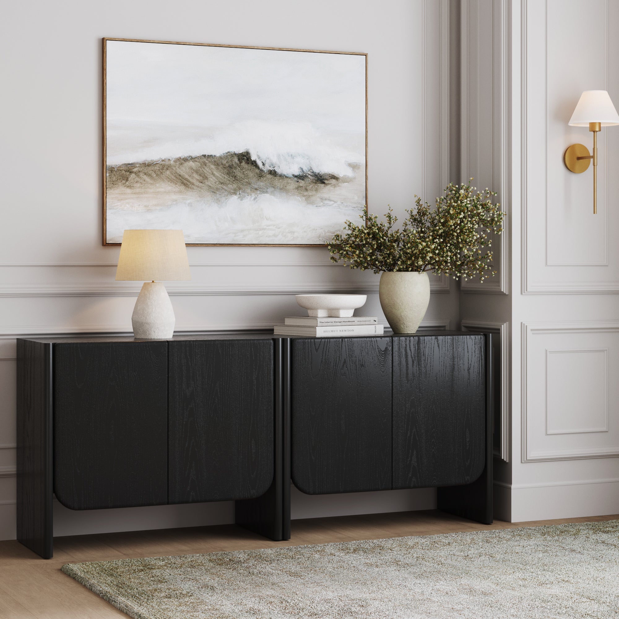 Rounded Wood Cabinet Credenza Black Oak (Set of 2)