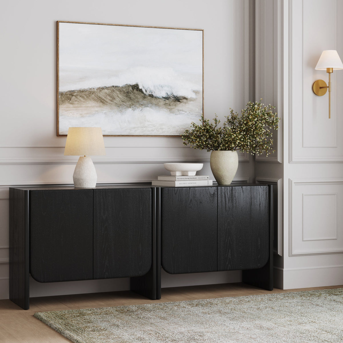 Rounded Wood Cabinet Credenza Black Oak (Set of 2)