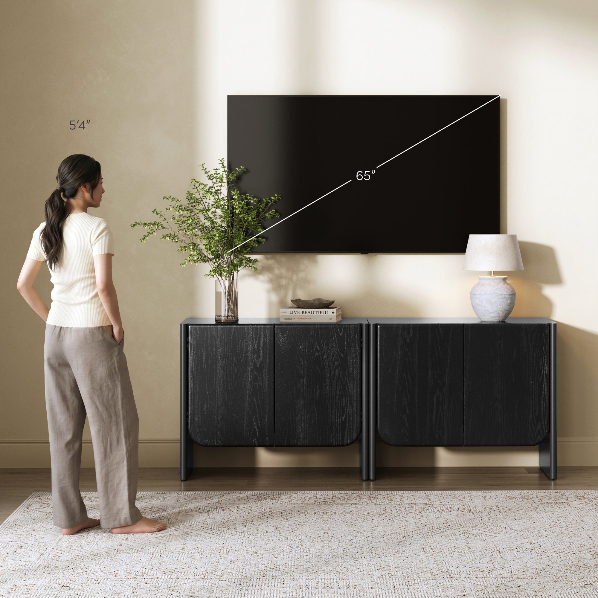 Rounded Wood Cabinet Credenza Black Oak (Set of 2)