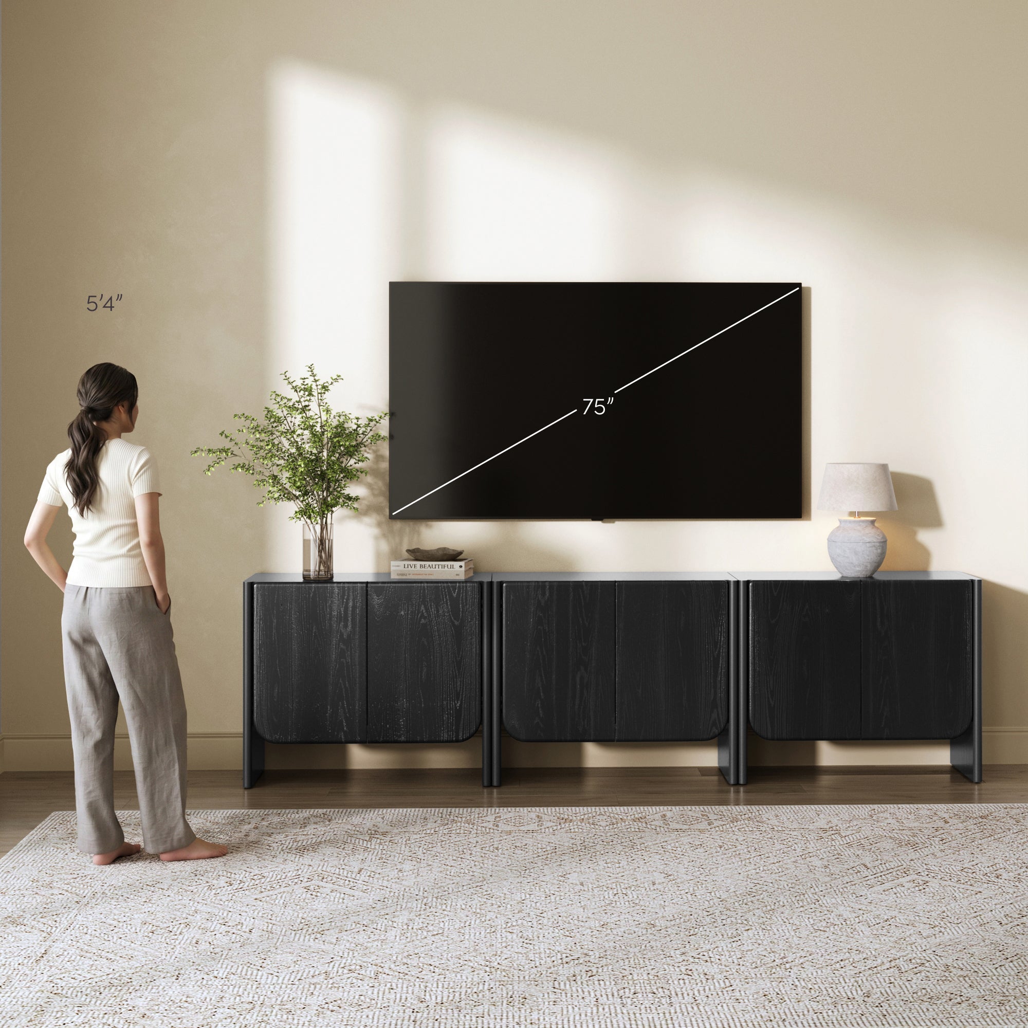 Rounded Wood Cabinet Credenza Black Oak (Set of 3)