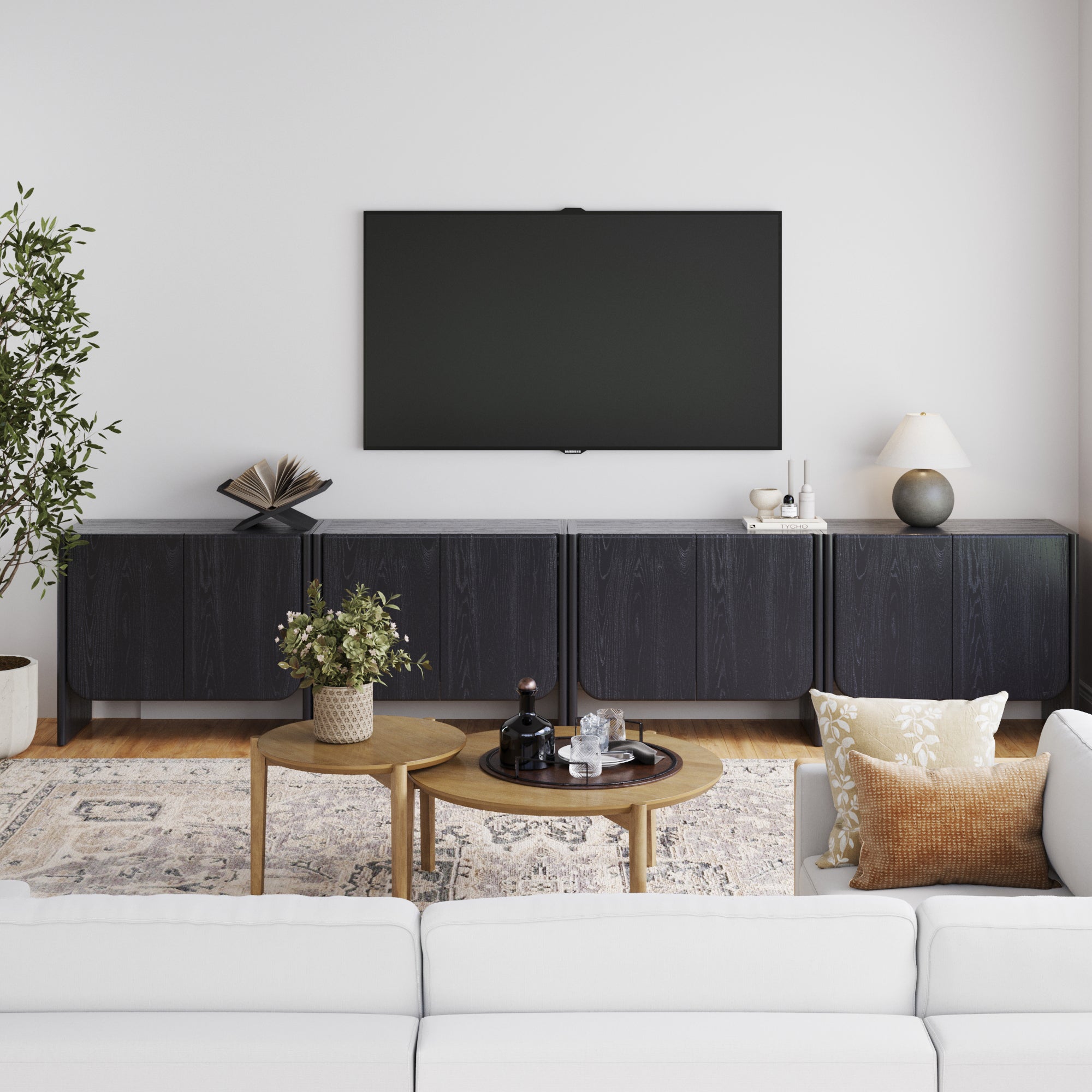 Rounded Wood Accent Cabinet or Large Credenza Black Oak (Set of 4)