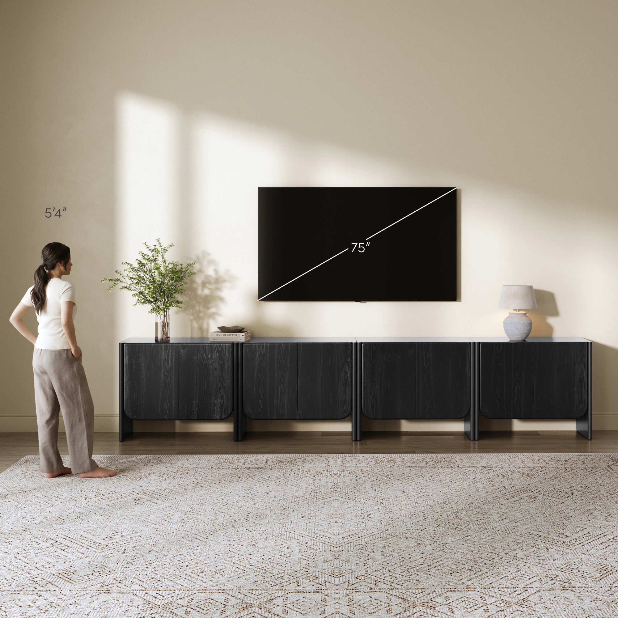Rounded Wood Accent Cabinet or Large Credenza Black Oak (Set of 4)