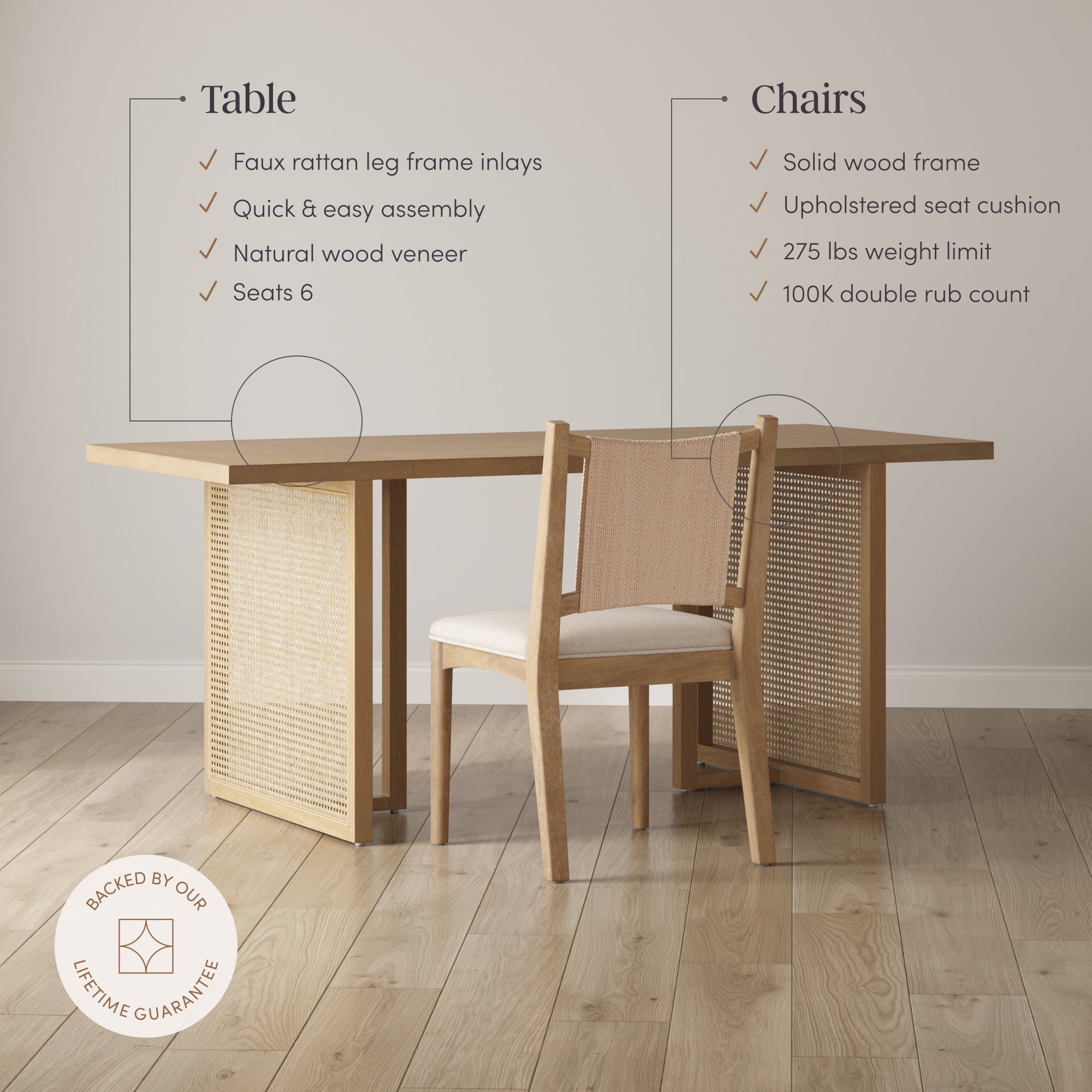 Rattan Boho Dining Table with Seagrass Chairs Set of 6