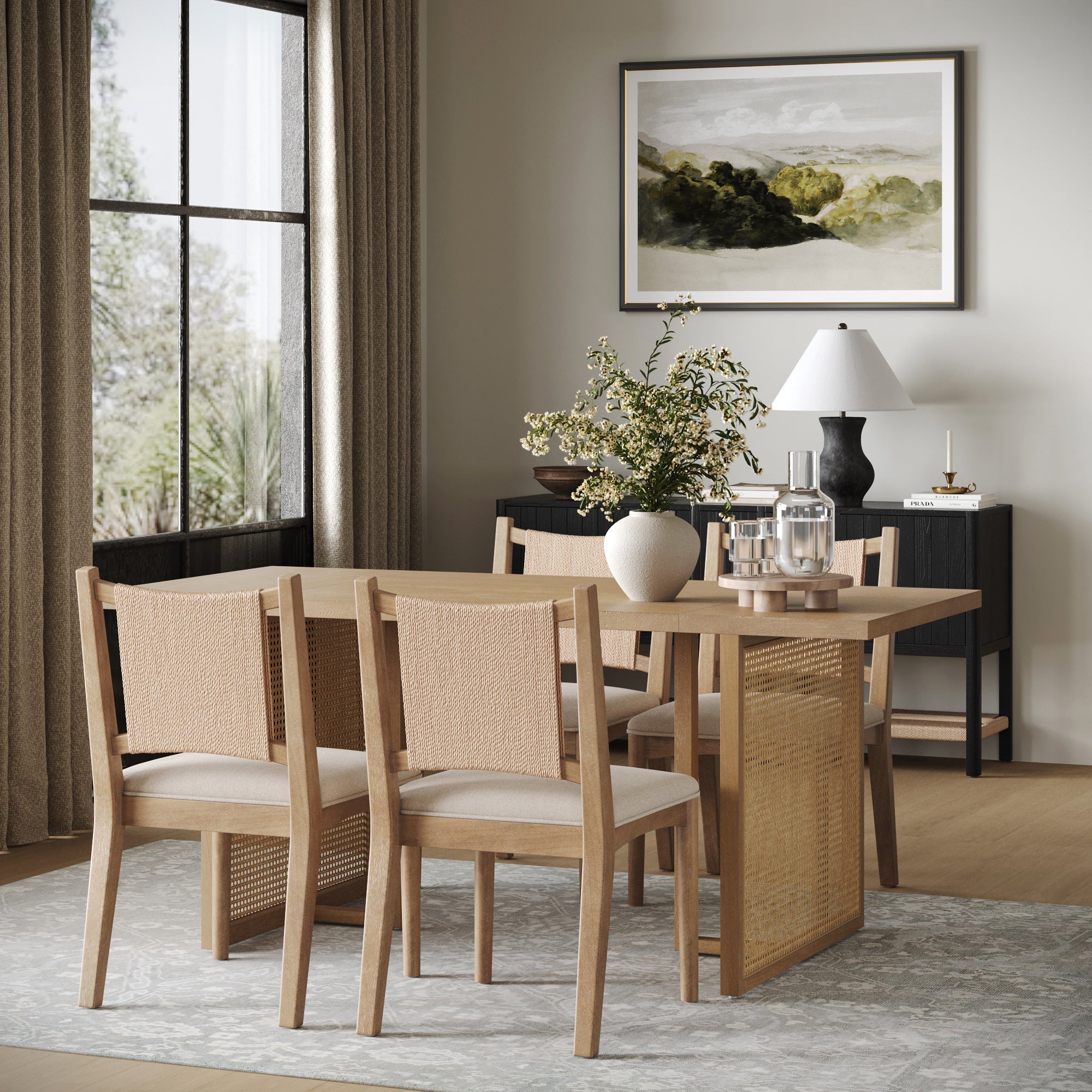 Rattan Boho Dining Table with Seagrass Chairs Set of 4