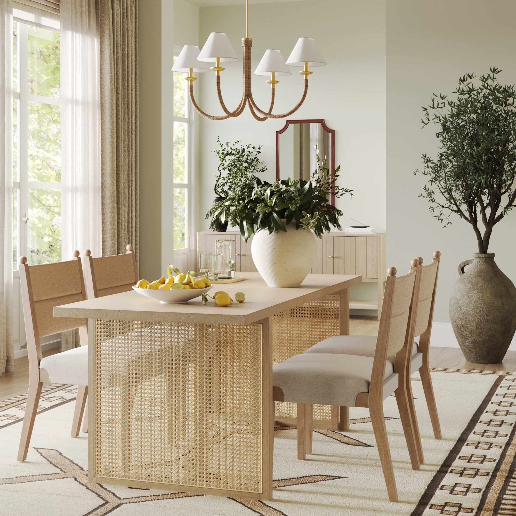 Bohemian Natural Wood & Rattan Dining Table Light Brown