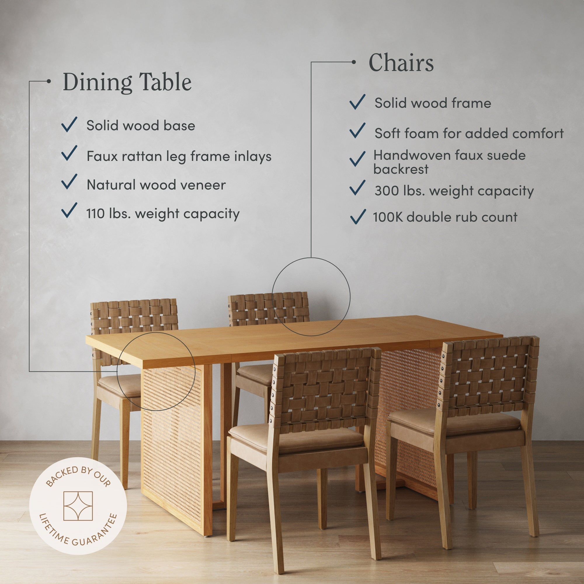 Dining Set 4 Chairs Brown Wood & Faux Suede
