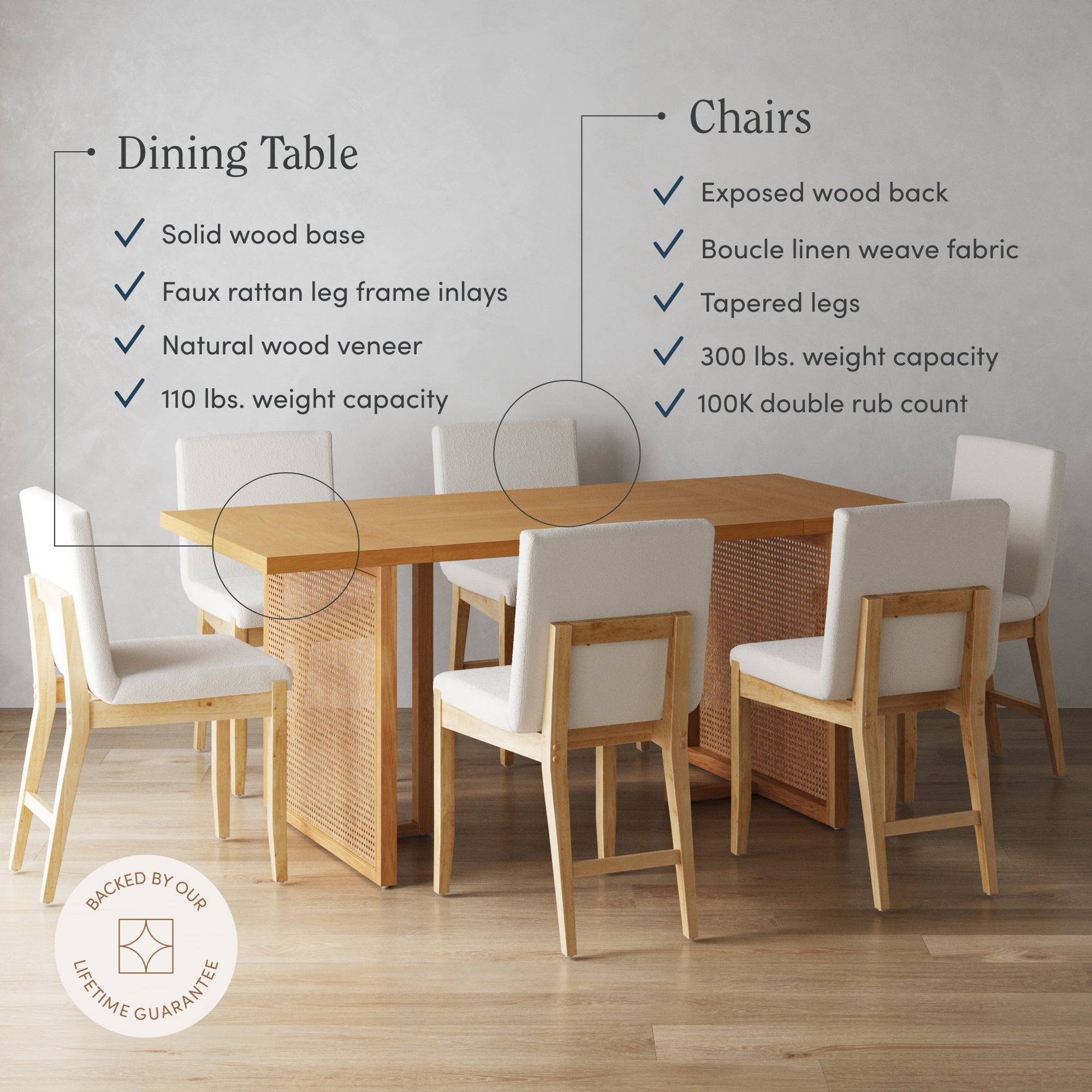 Bohemian Wood & Boucle Dining Set (6 Chairs)