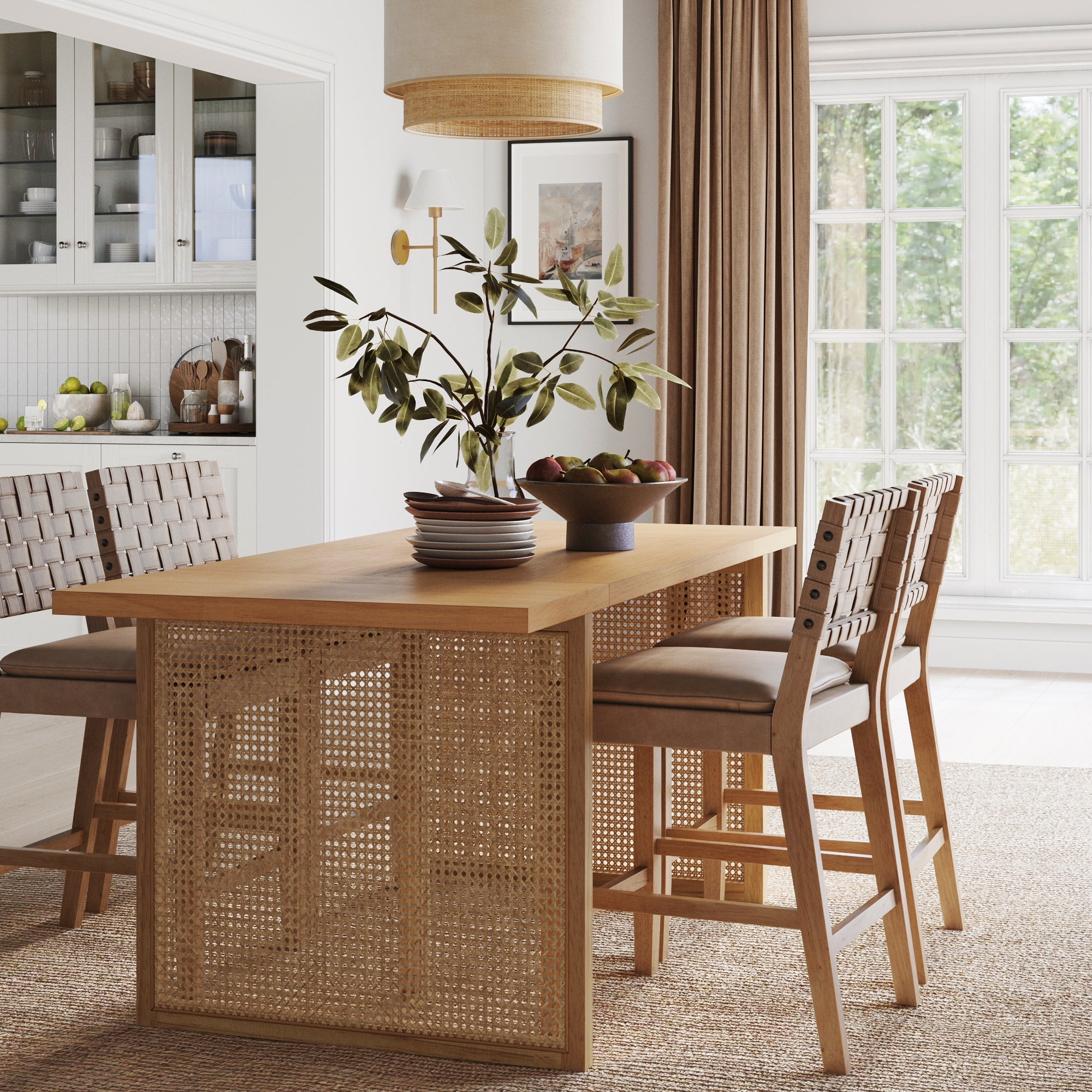 Bohemian Natural Wood & Rattan Dining Table