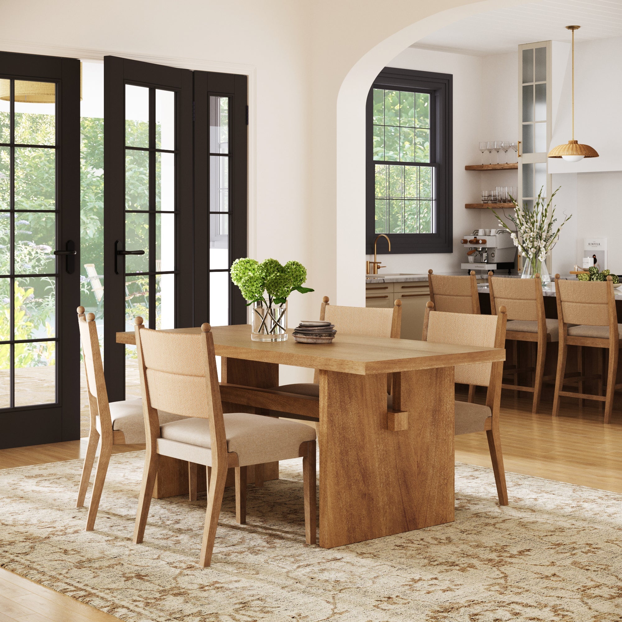 Boho Solid Wood Dining Set Light Brown (4 Chairs)