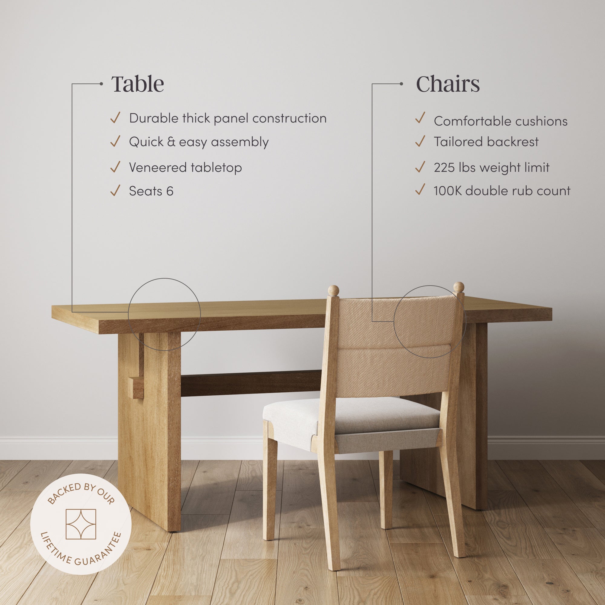 Boho Solid Wood Dining Set Light Brown (6 Chairs)