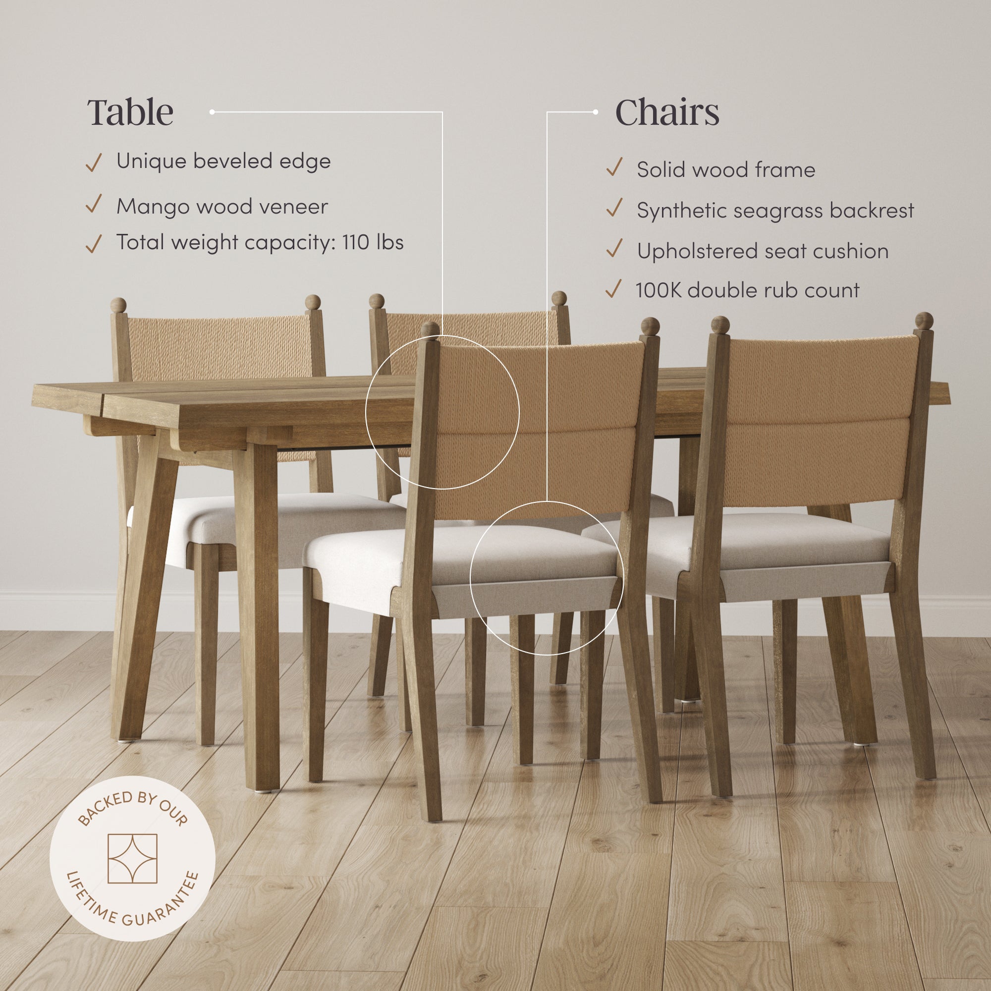 Boho Seagrass Dining Table Set (4 Chairs)