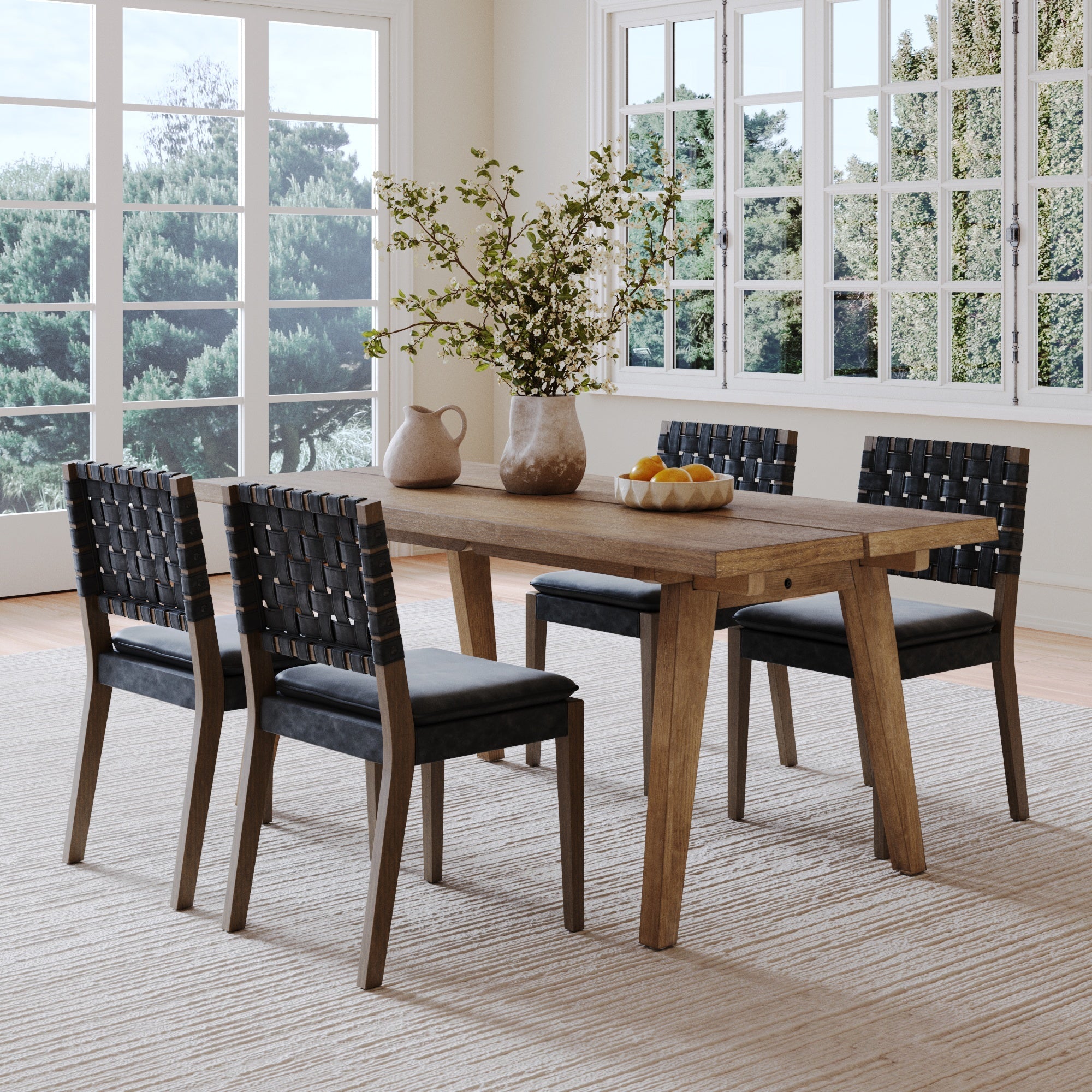 Mid Century Faux Suede 4 Chairs Dining Set Black