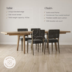 Extendable Woven Faux Leather Dining Set Black (4 Chairs)