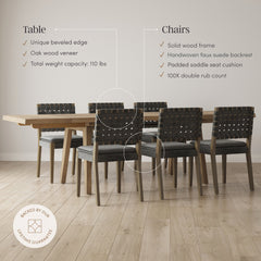 Extendable Woven Faux Leather Dining Set Black (6 Chairs)