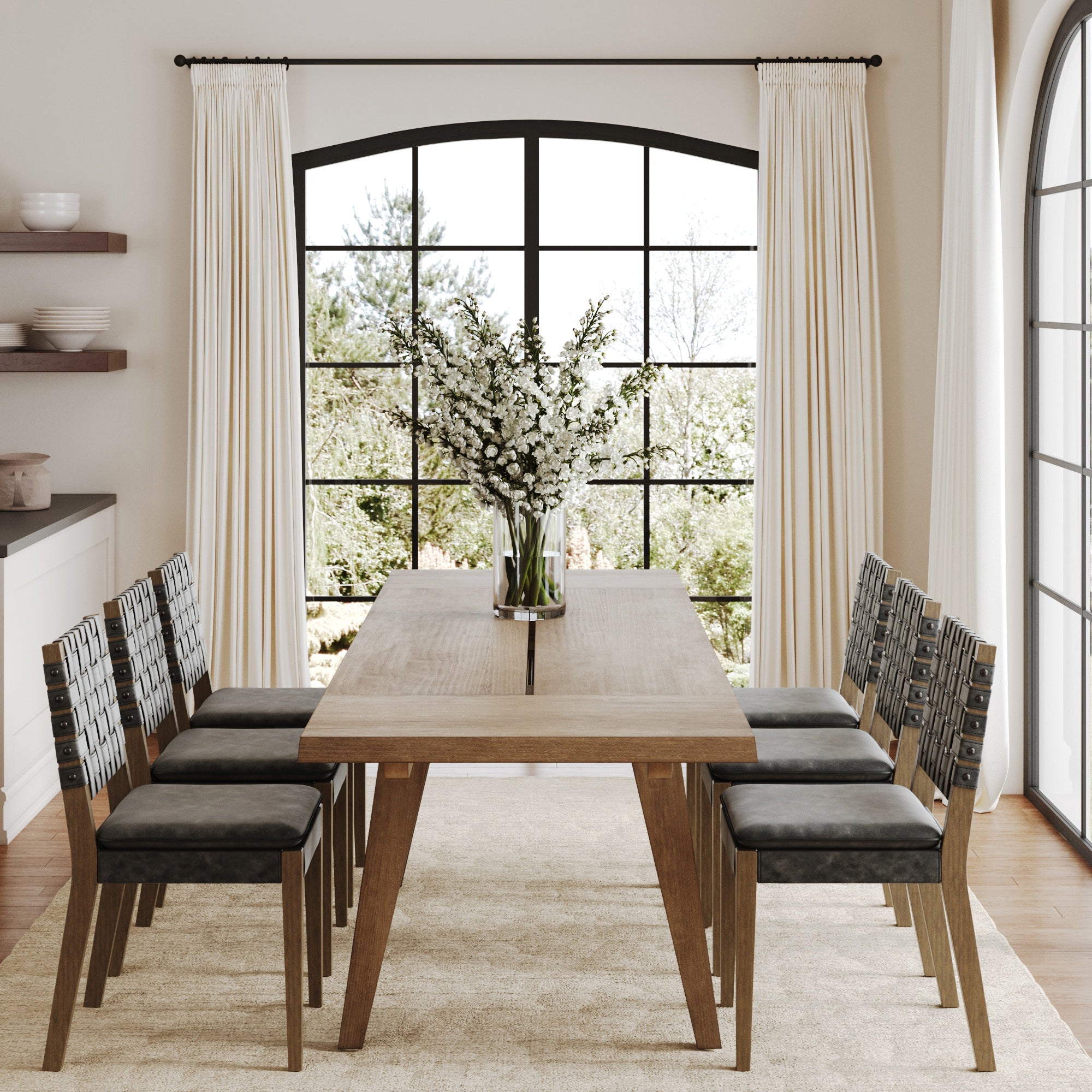Extendable Woven Faux Leather Dining Set Black (6 Chairs)