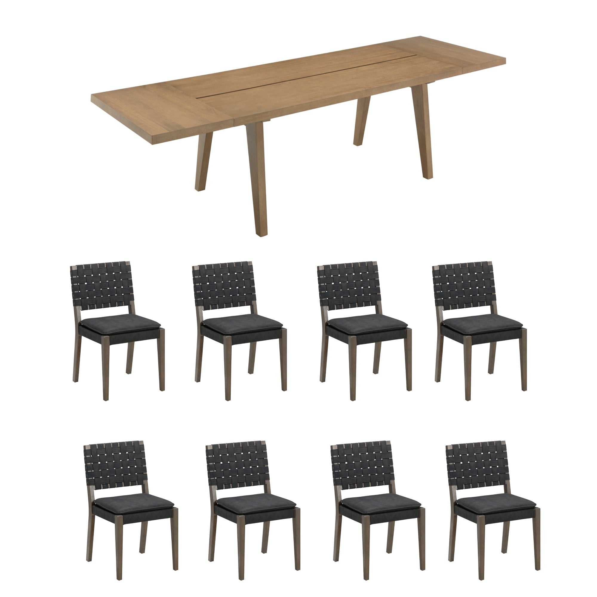 Extendable Woven Faux Leather Dining Set Black (8 Chairs)