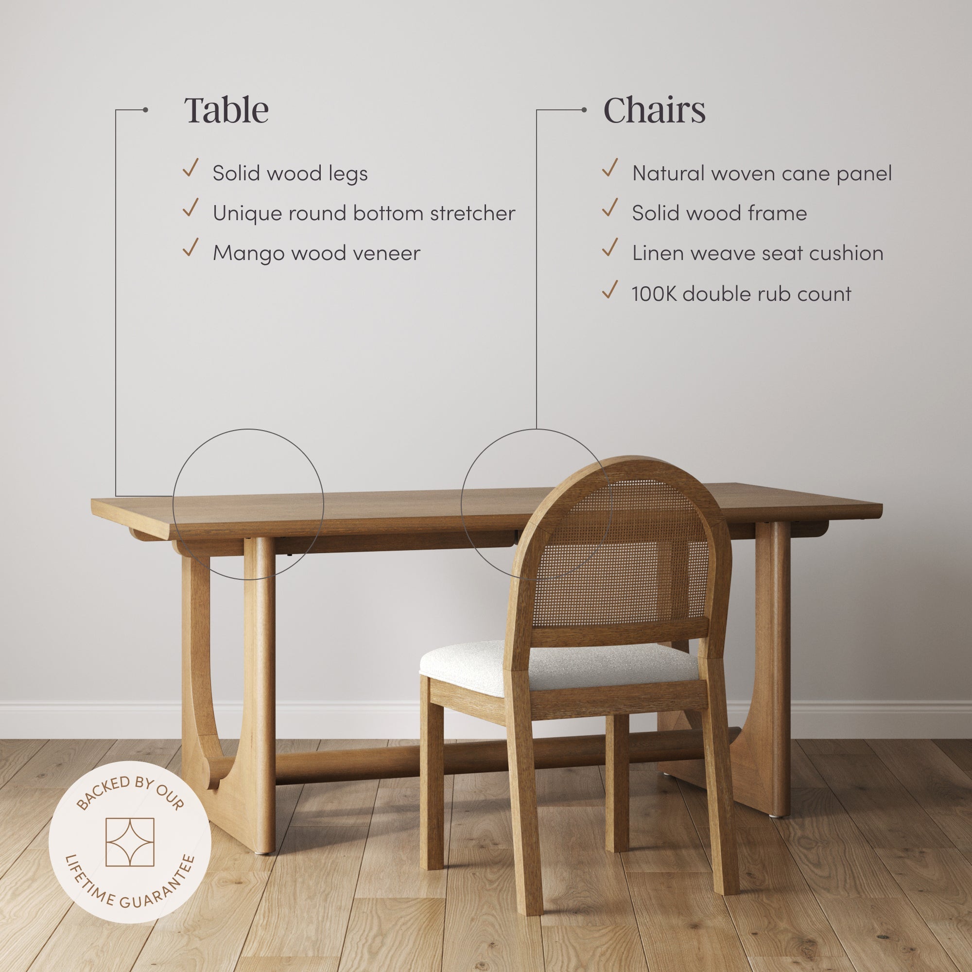 Mid-Century Rattan Boucle Dining Table Set (4 Chairs)