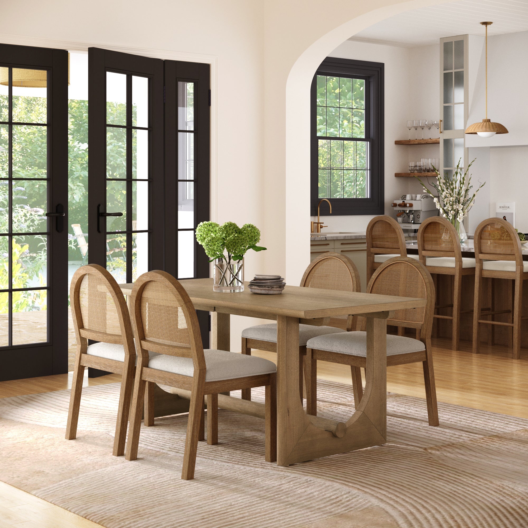 Mid-Century Rattan Boucle Dining Table Set (4 Chairs)