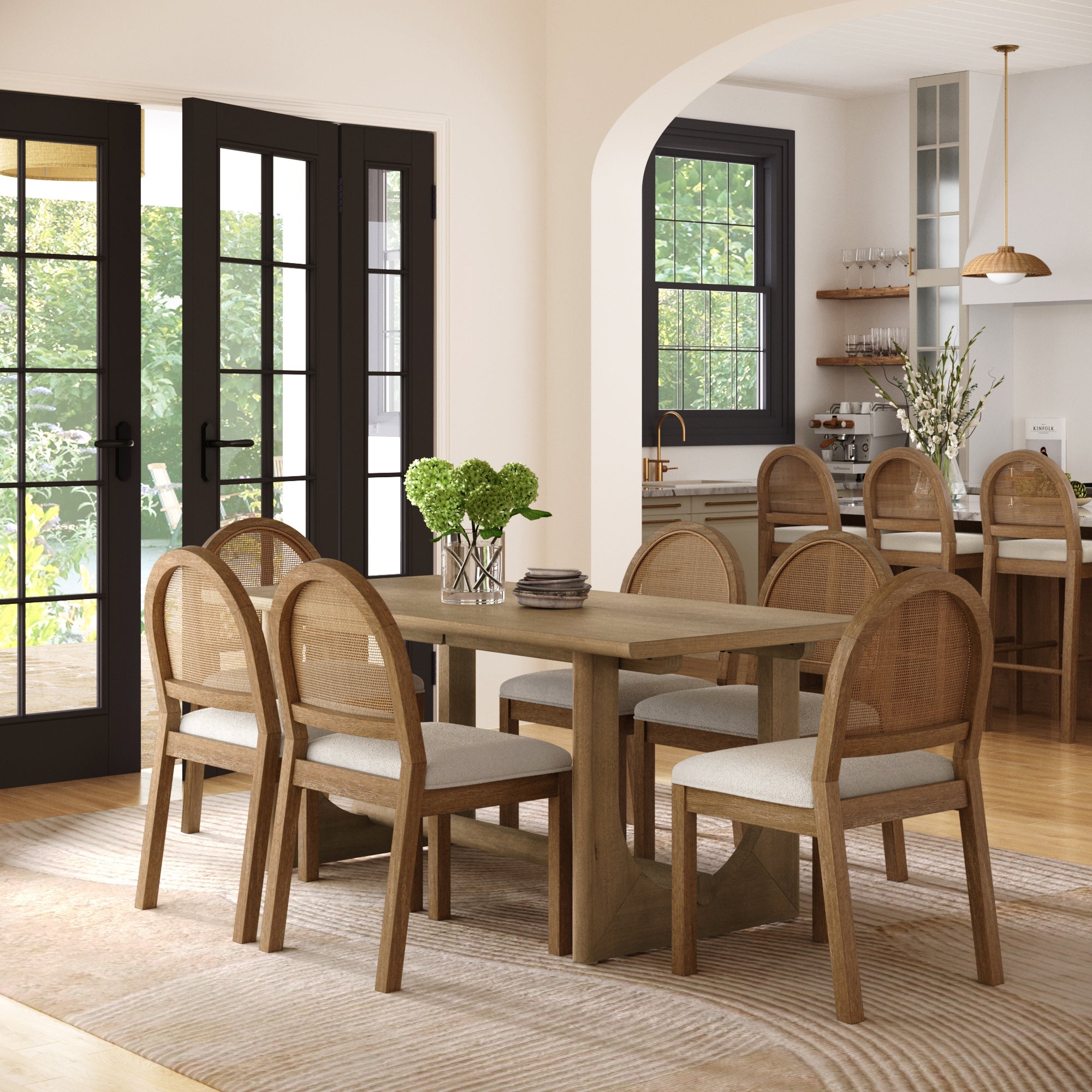 Mid-Century Rattan Boucle Dining Table Set (6 Chairs)