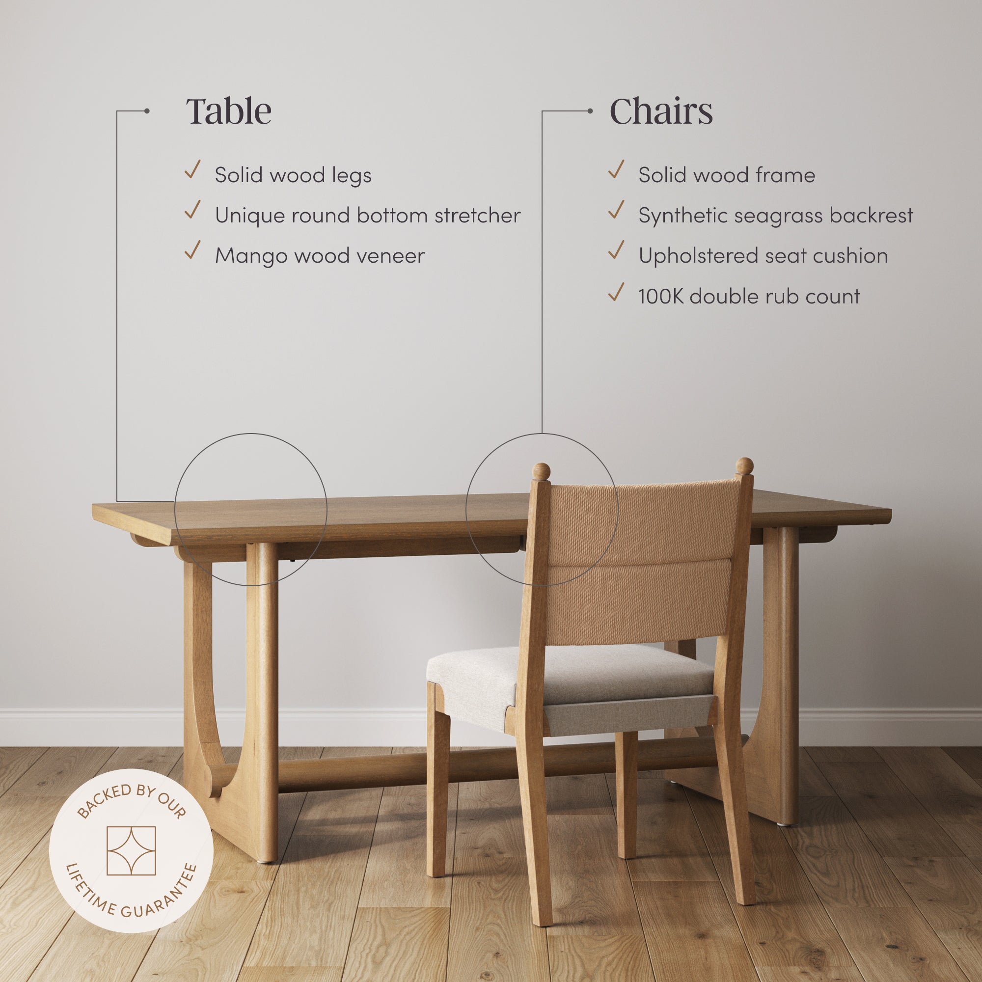 Mid-Century Seagrass Dining Table Set (4 Chairs)