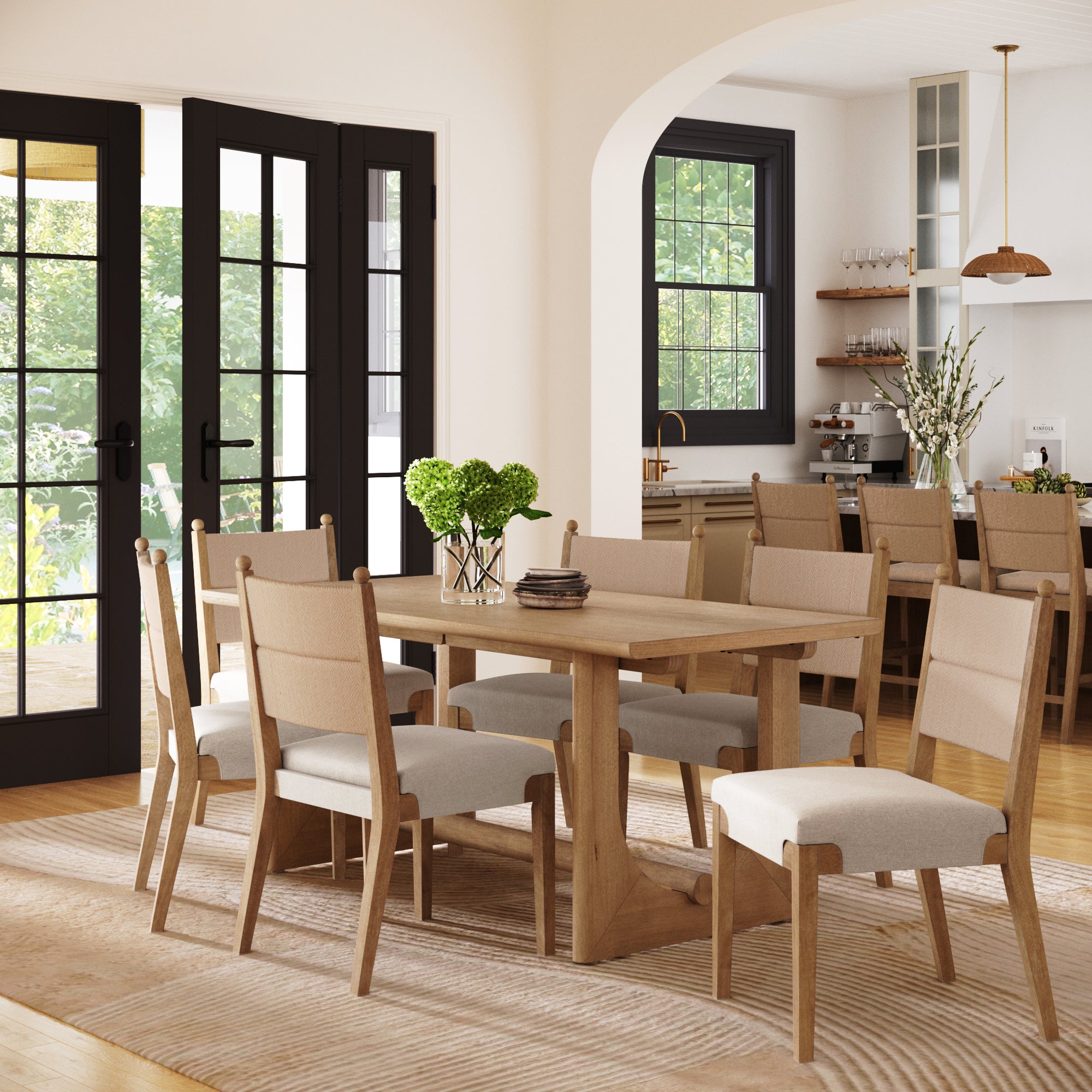 Mid-Century Seagrass Dining Table Set (6 Chairs)