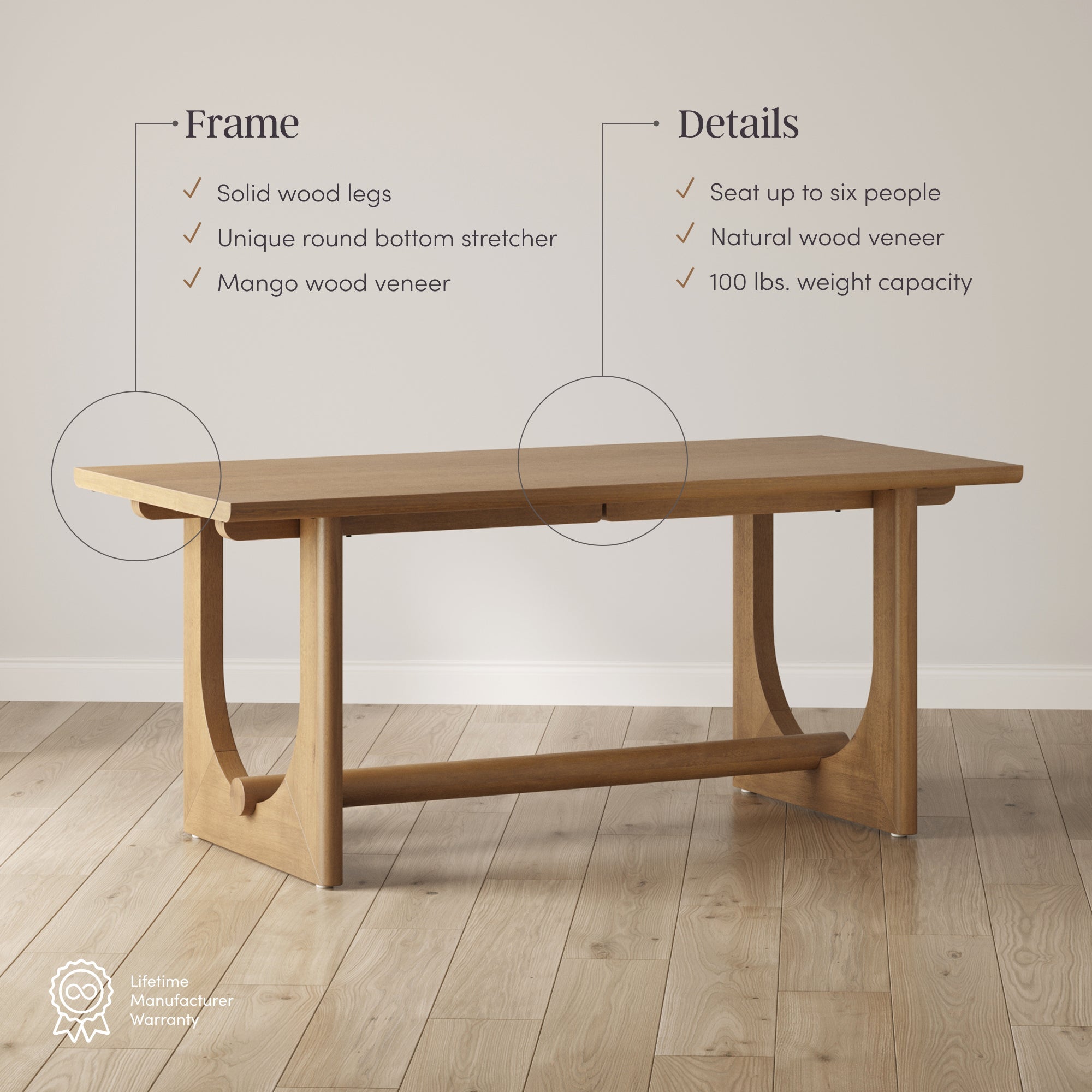 Mid-Century Wood Dining Table for 6 Light Brown