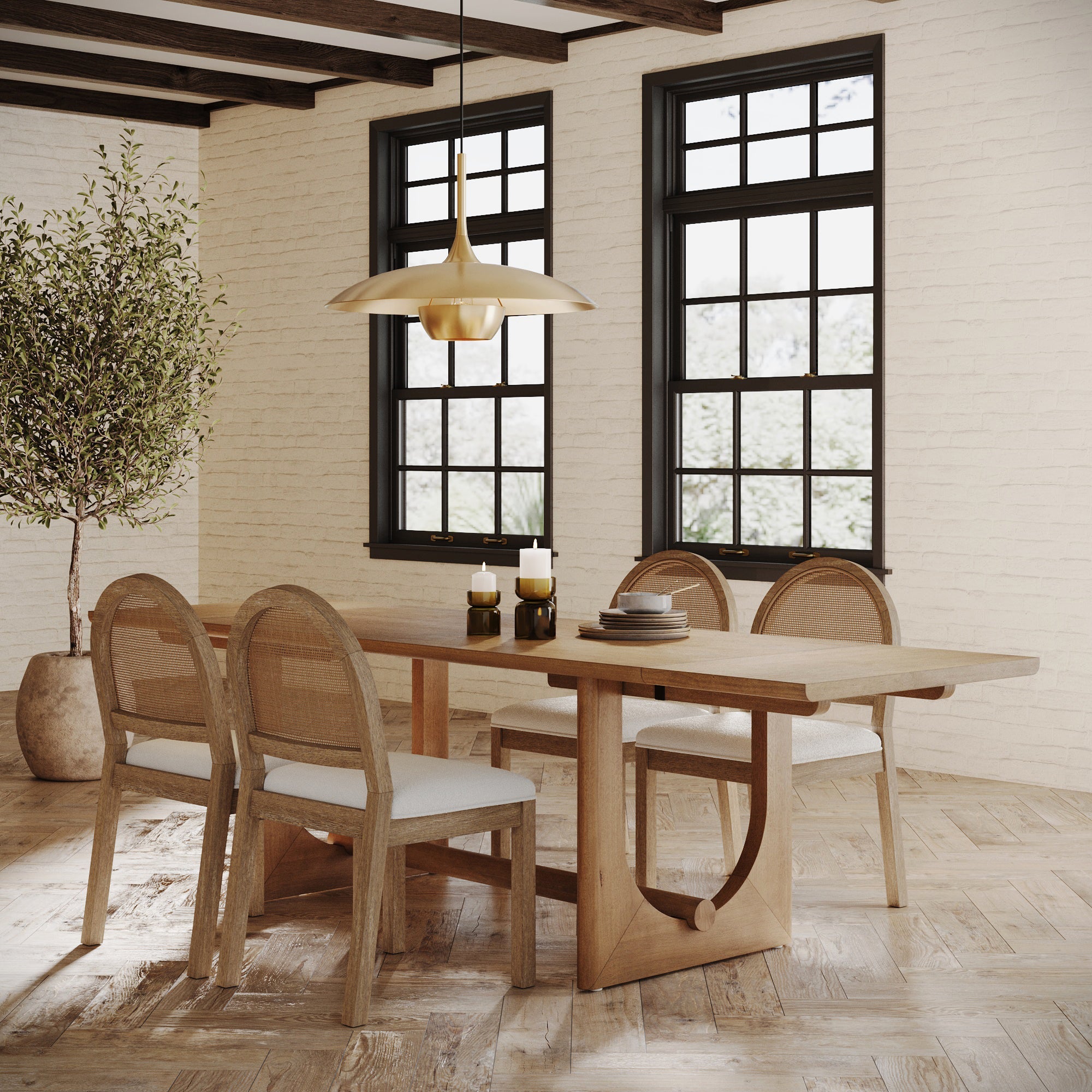 Extendable Mid-Century Rattan Dining Table Set (4 Chairs)