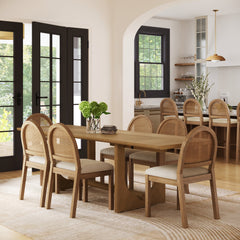 Extendable Mid-Century Rattan Dining Table Set (6 Chairs)
