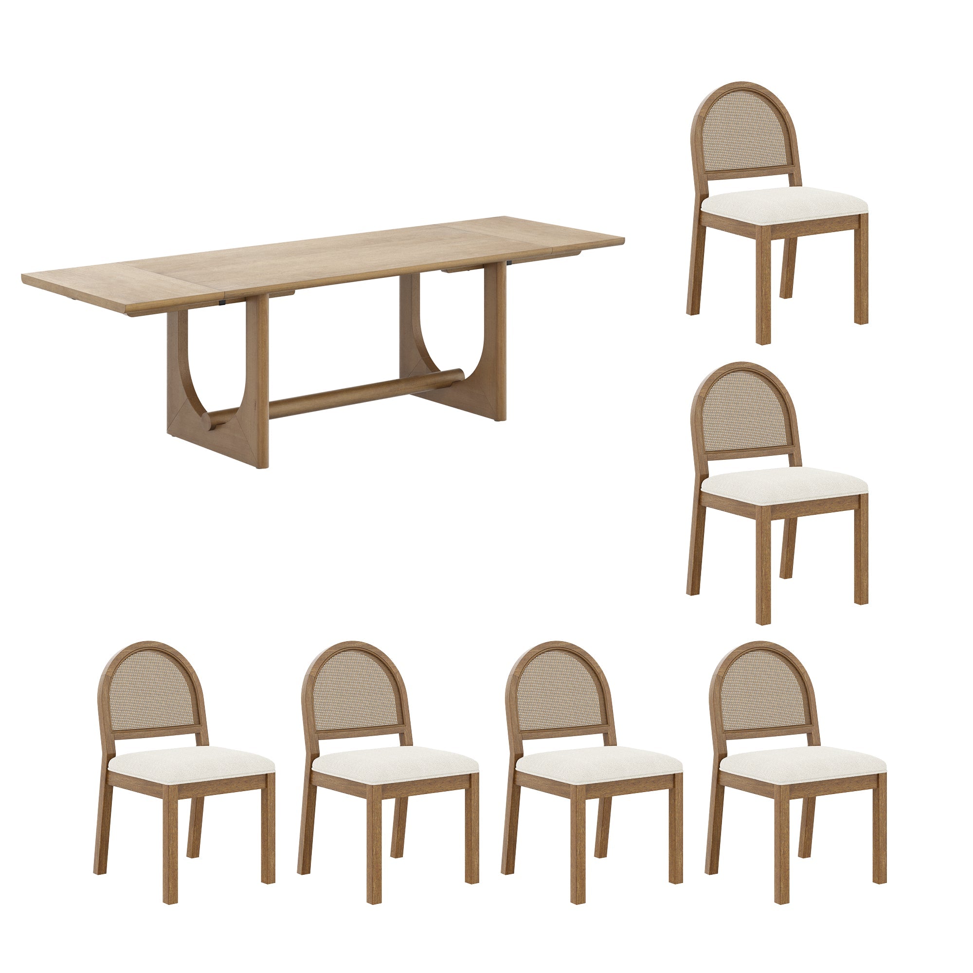 Extendable Mid-Century Rattan Dining Table Set (6 Chairs)