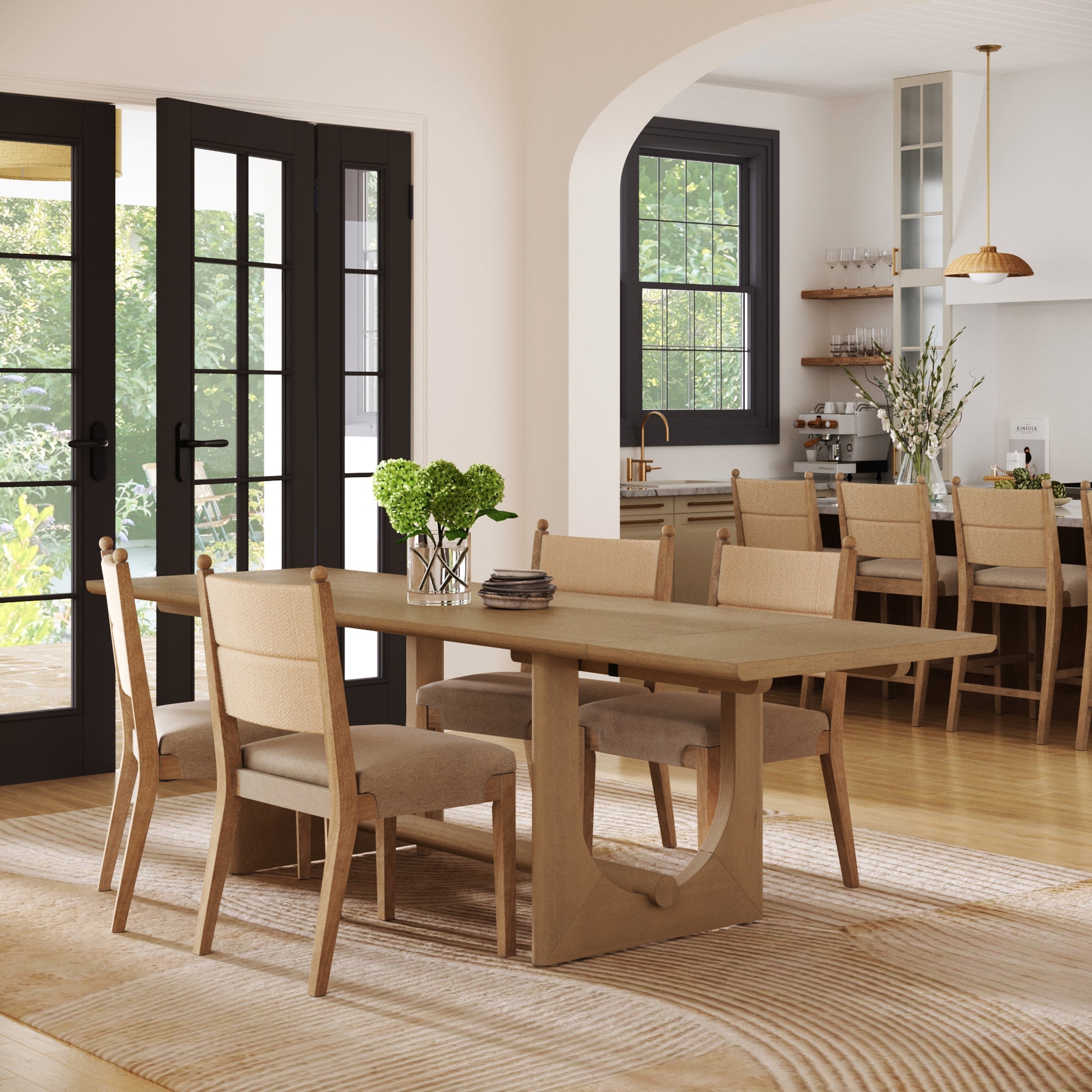 Extendable Mid-Century Seagrass Dining Table Set (4 Chairs)