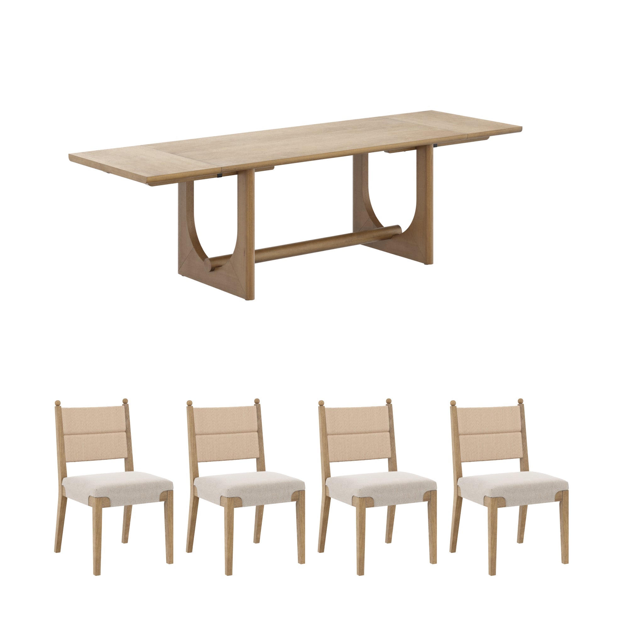 Extendable Mid-Century Seagrass Dining Table Set (4 Chairs)