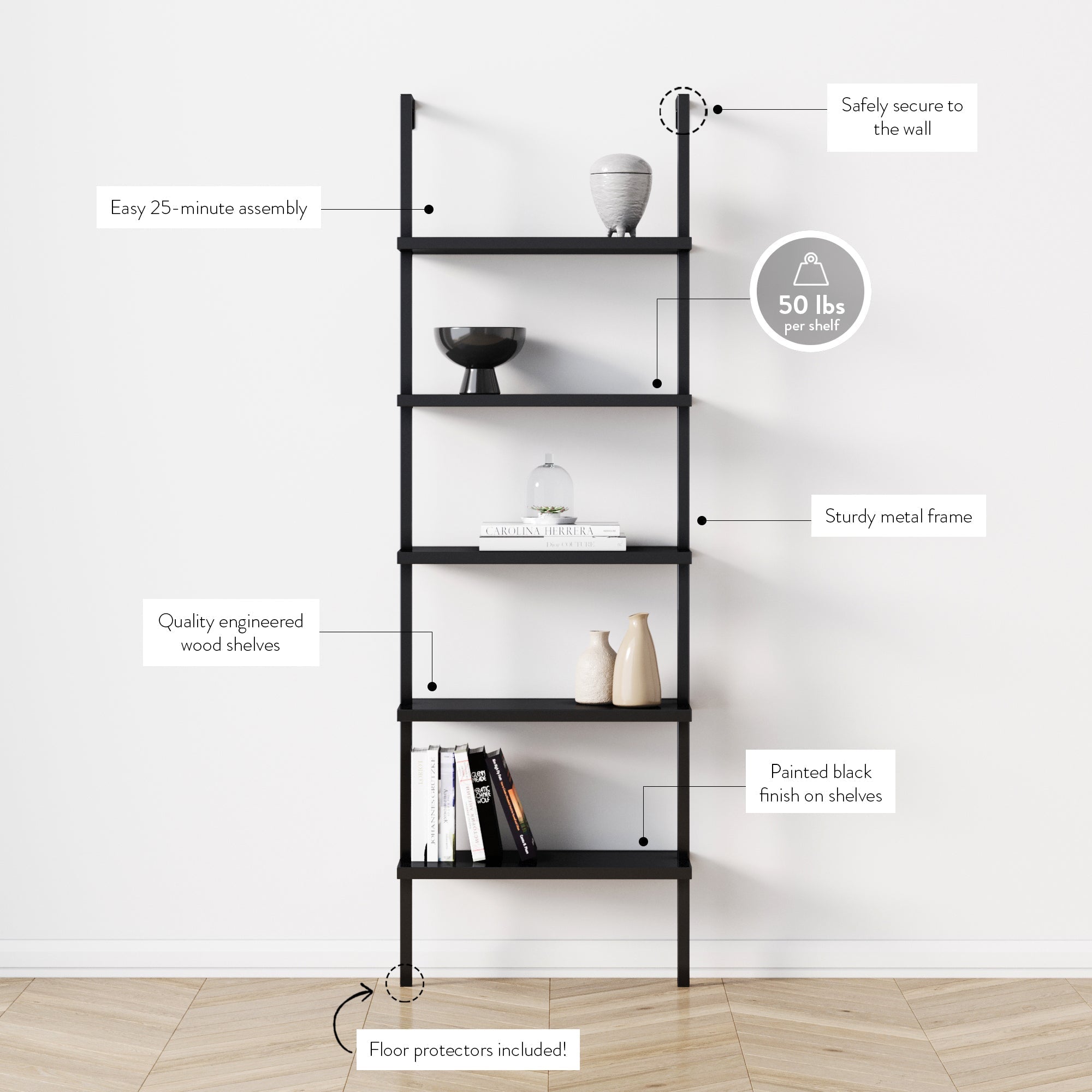 5-Shelf Ladder Bookshelf Black (Set of 3)