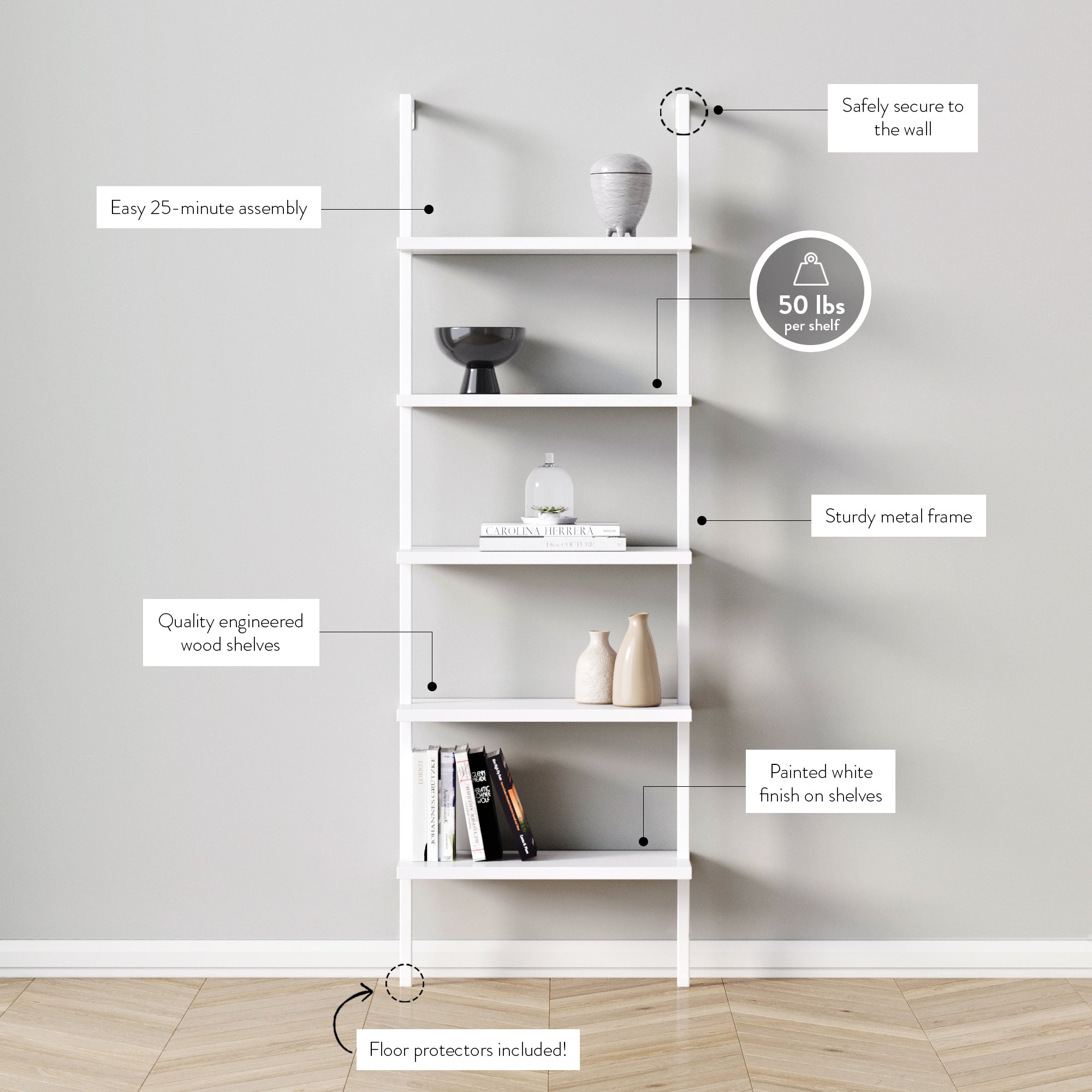 5-Shelf Coastal Ladder Bookshelf White (Set of 3)