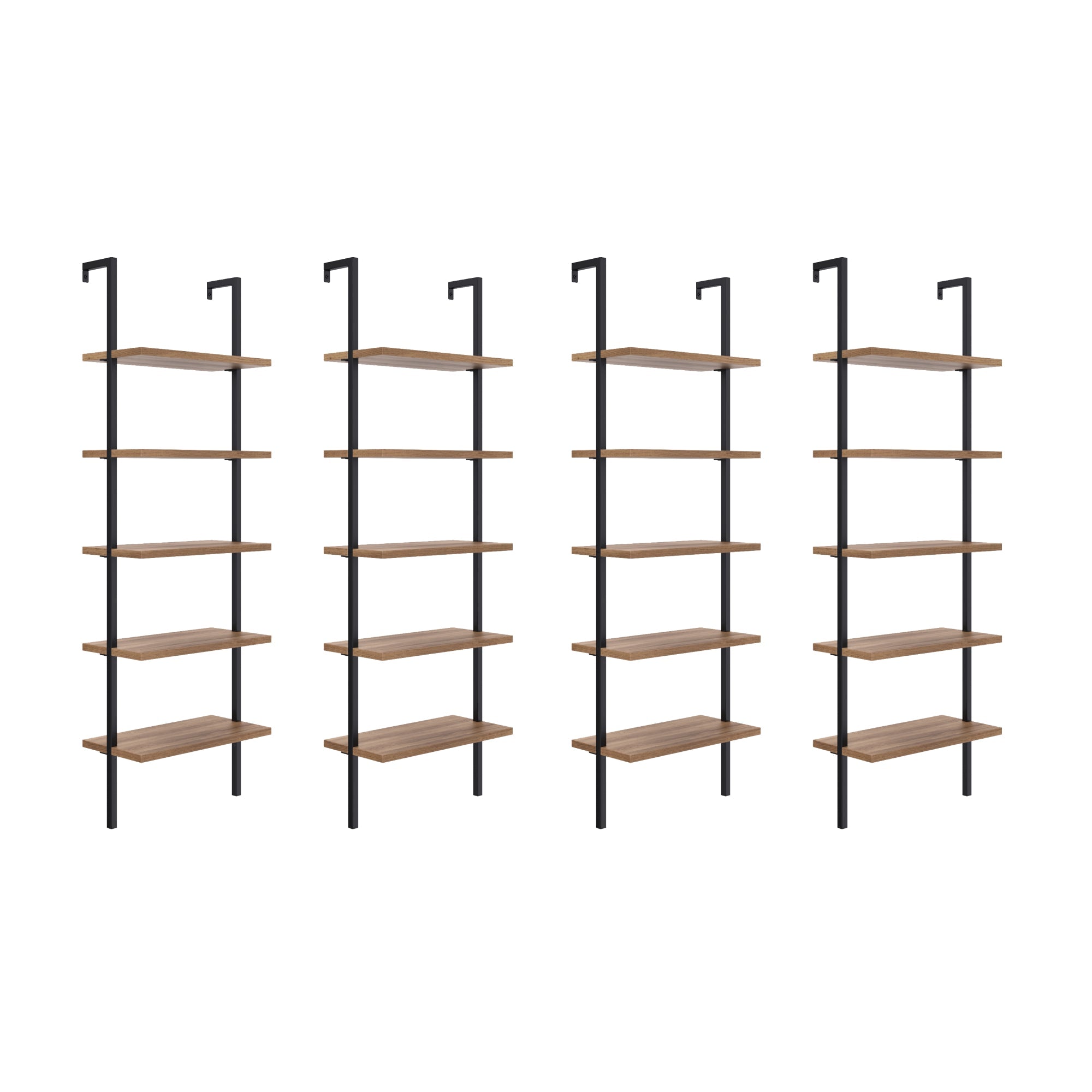 5-Shelf Ladder Bookshelf Oak Matte Black (Set of 4)