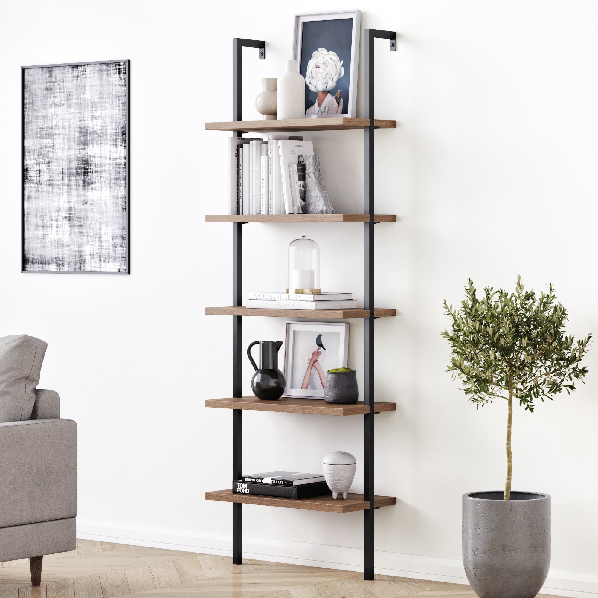 5-Shelf Ladder Bookshelf Oak Matte Black